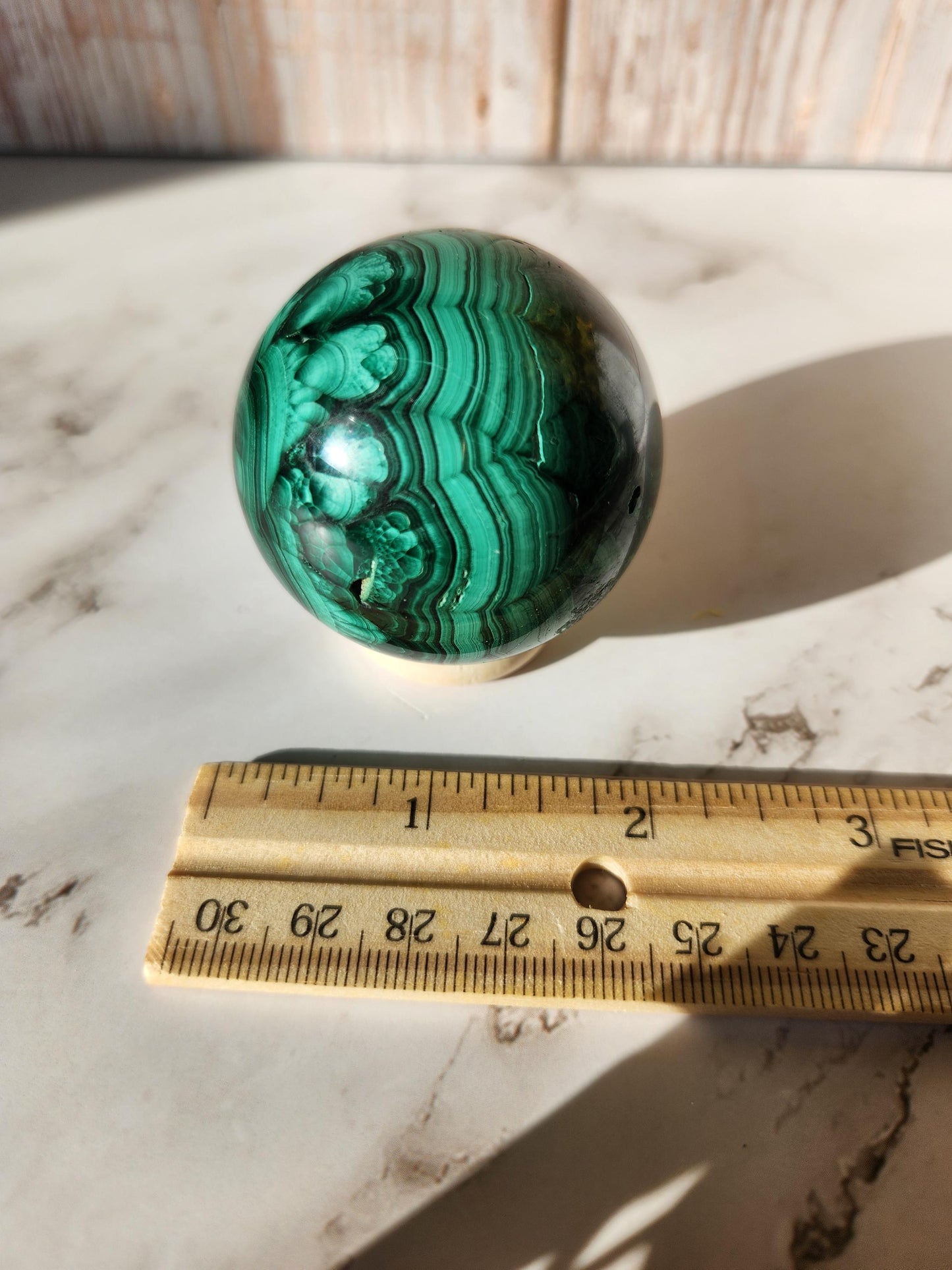 Beautiful natural malachite sphere with druzy and stunning orbs and flower patterns, no fillers 49.5mm
