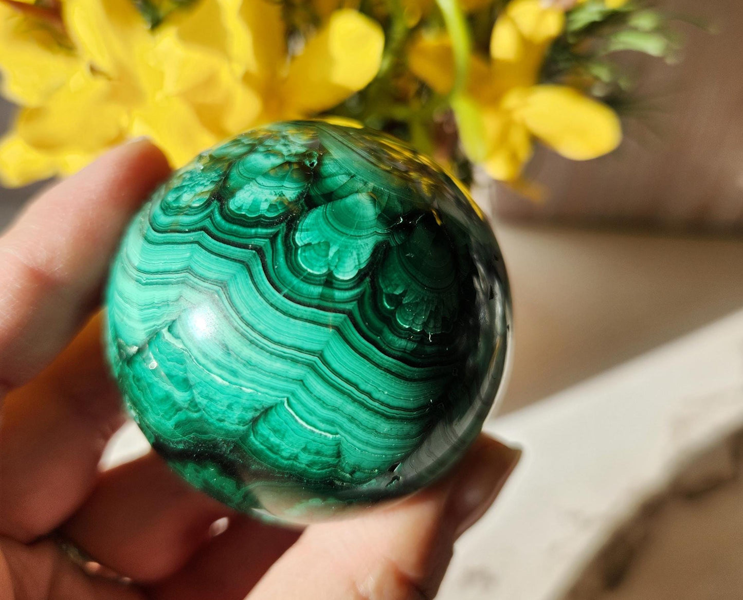 Beautiful natural malachite sphere with druzy and stunning orbs and flower patterns, no fillers 49.5mm