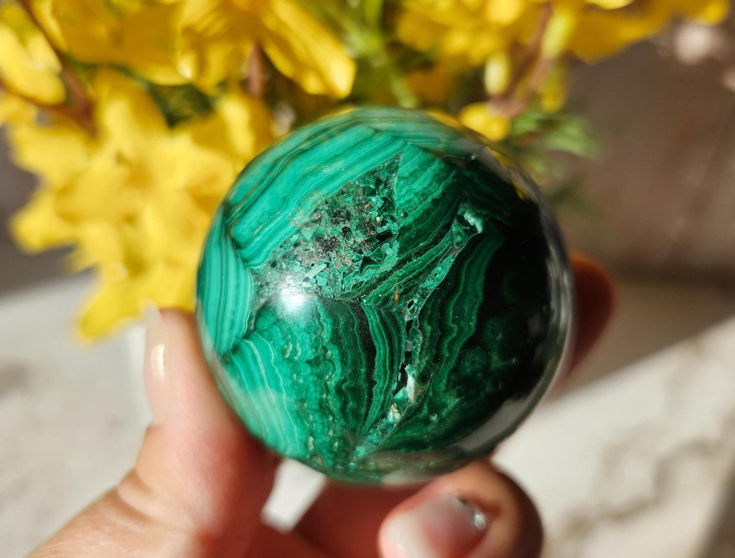 Beautiful natural malachite sphere with druzy and stunning orbs and flower patterns, no fillers 49.5mm