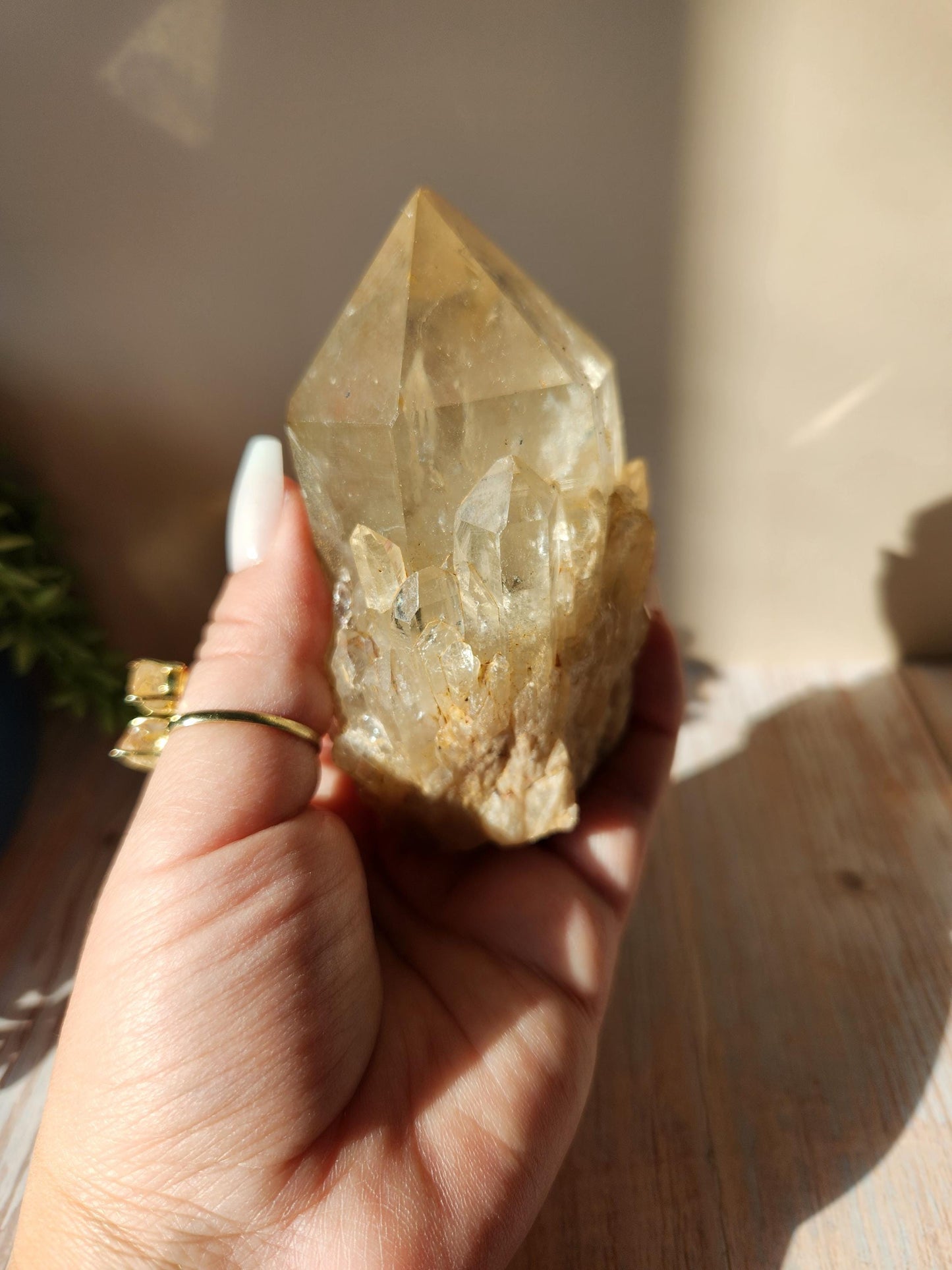 Beautiful chunky kundalini citrine point from the Congo, light honey citrine with rainbows, genuine, untreated and not polished