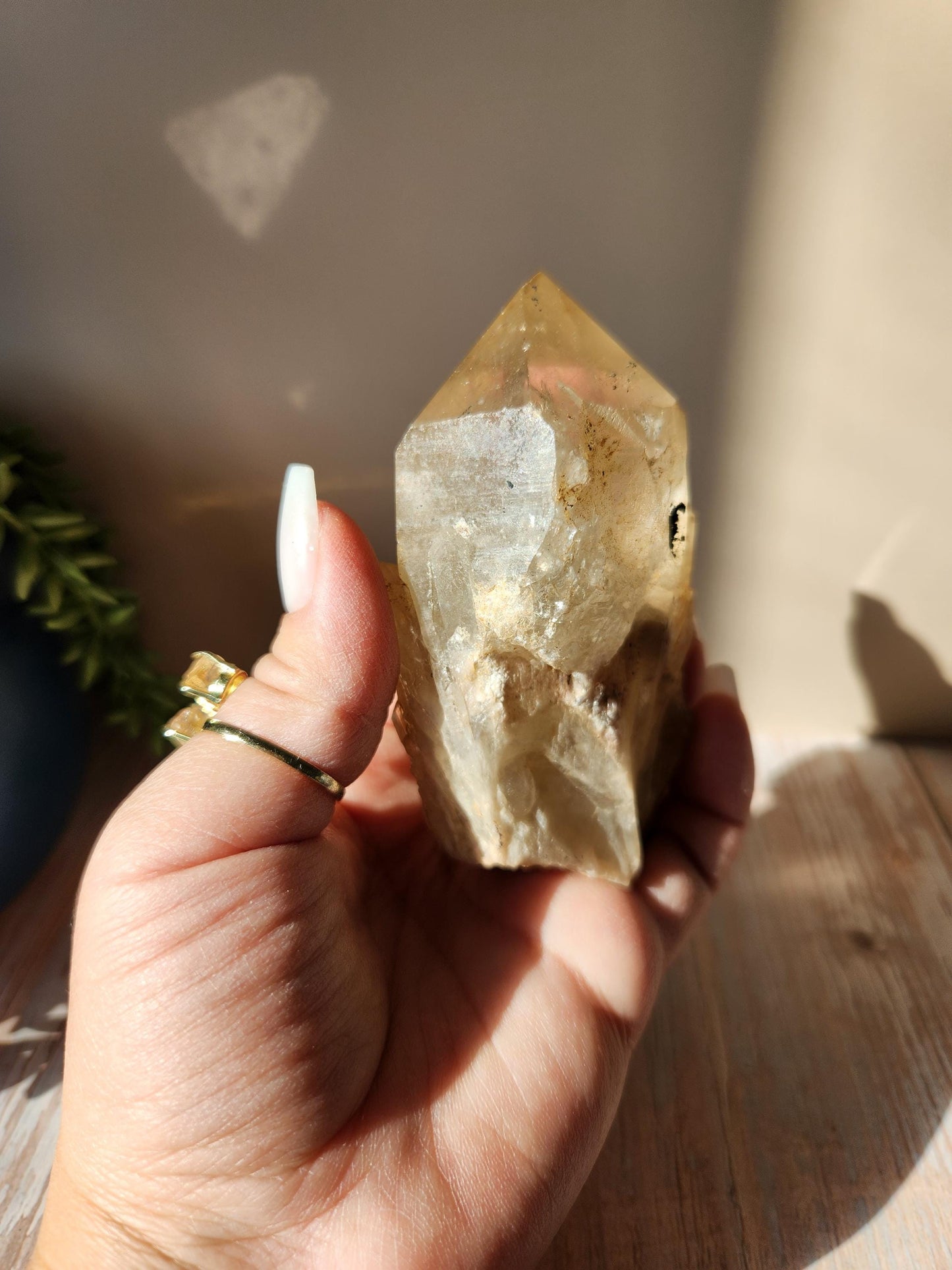 Beautiful chunky kundalini citrine point from the Congo, light honey citrine with rainbows, genuine, untreated and not polished