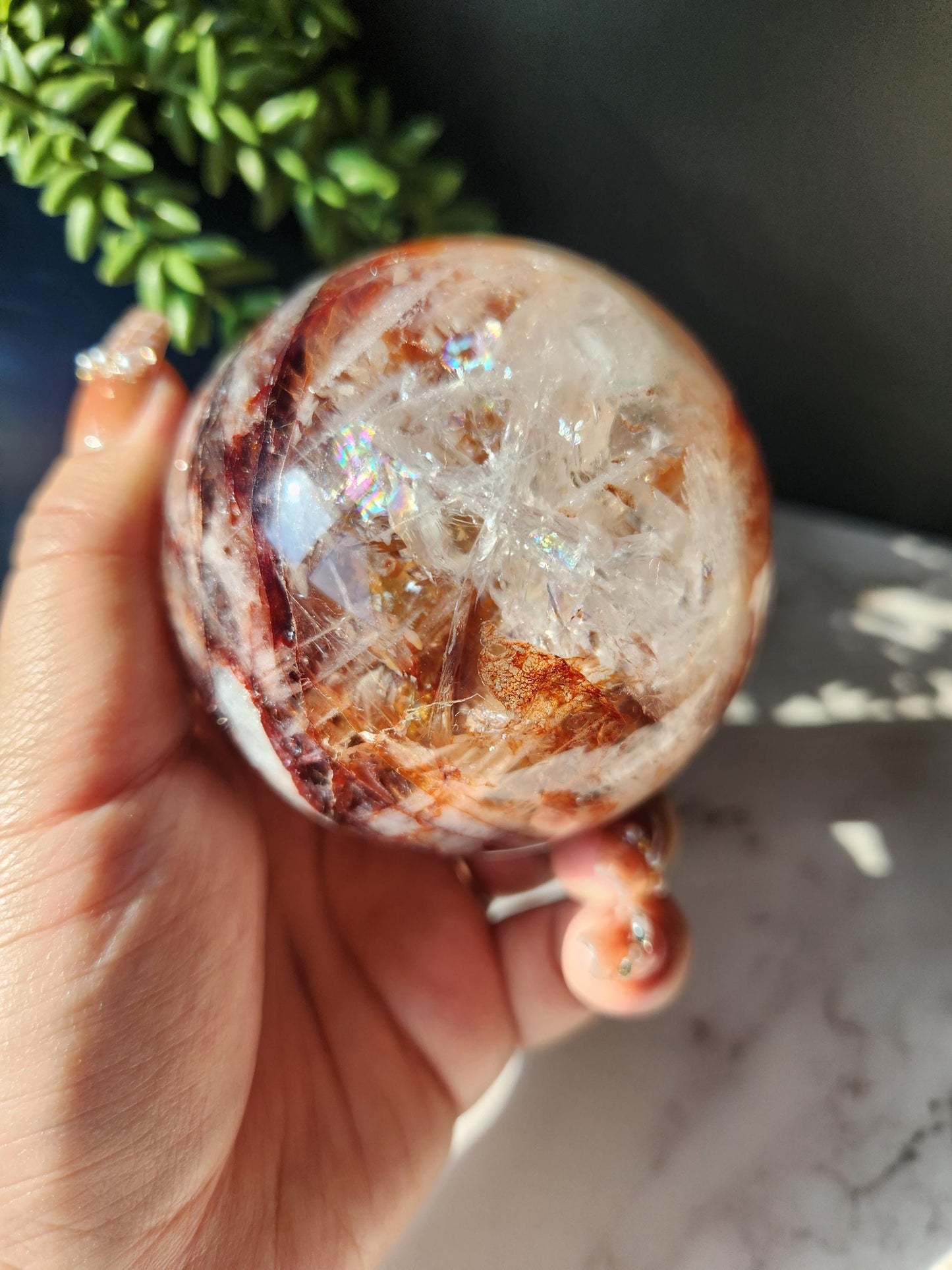 Large natural high quality fire quartz sphere with rainbows, Hematoid inclusions, Hematoid quartz, natural fire quartz