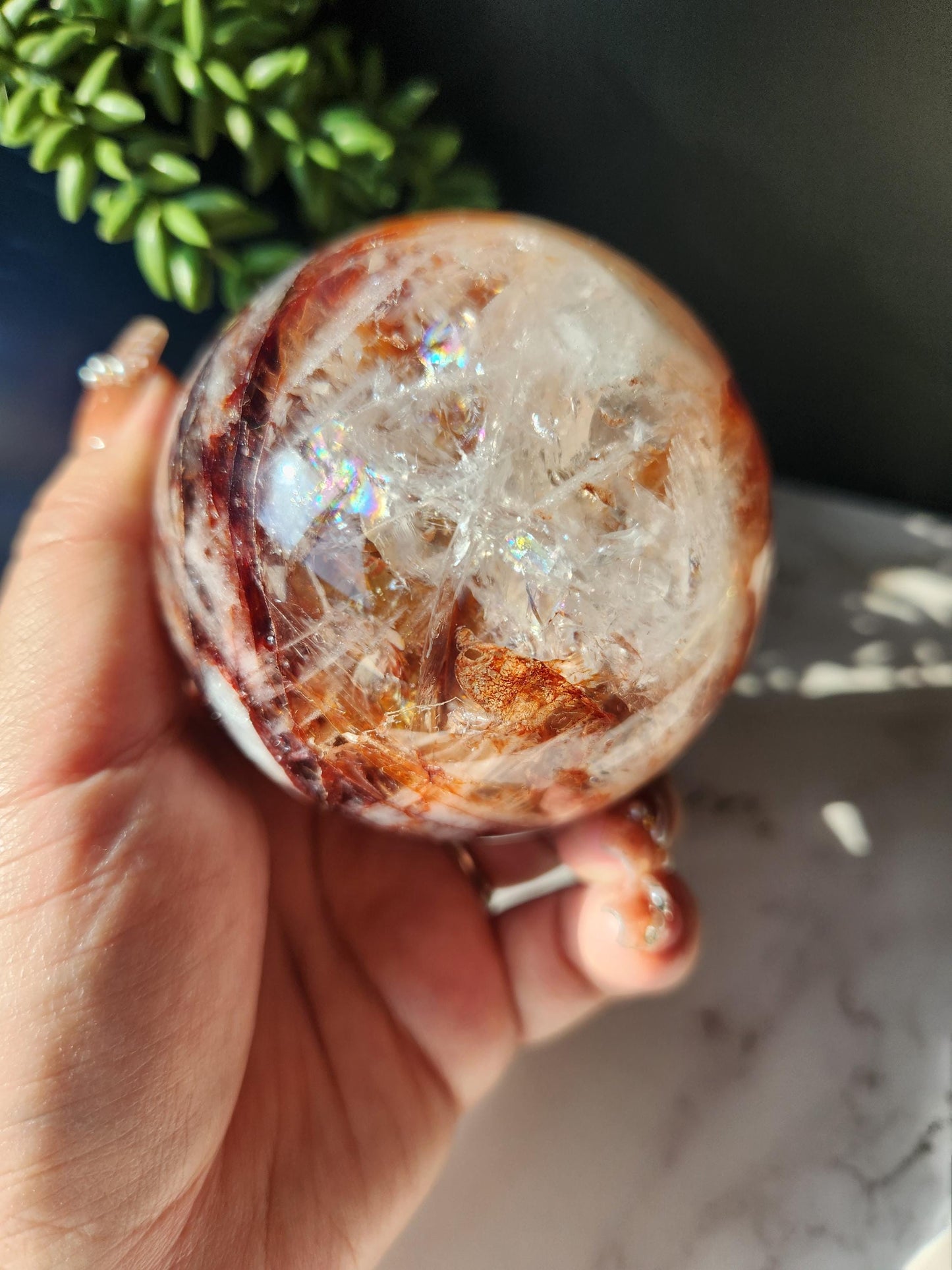 Large natural high quality fire quartz sphere with rainbows, Hematoid inclusions, Hematoid quartz, natural fire quartz
