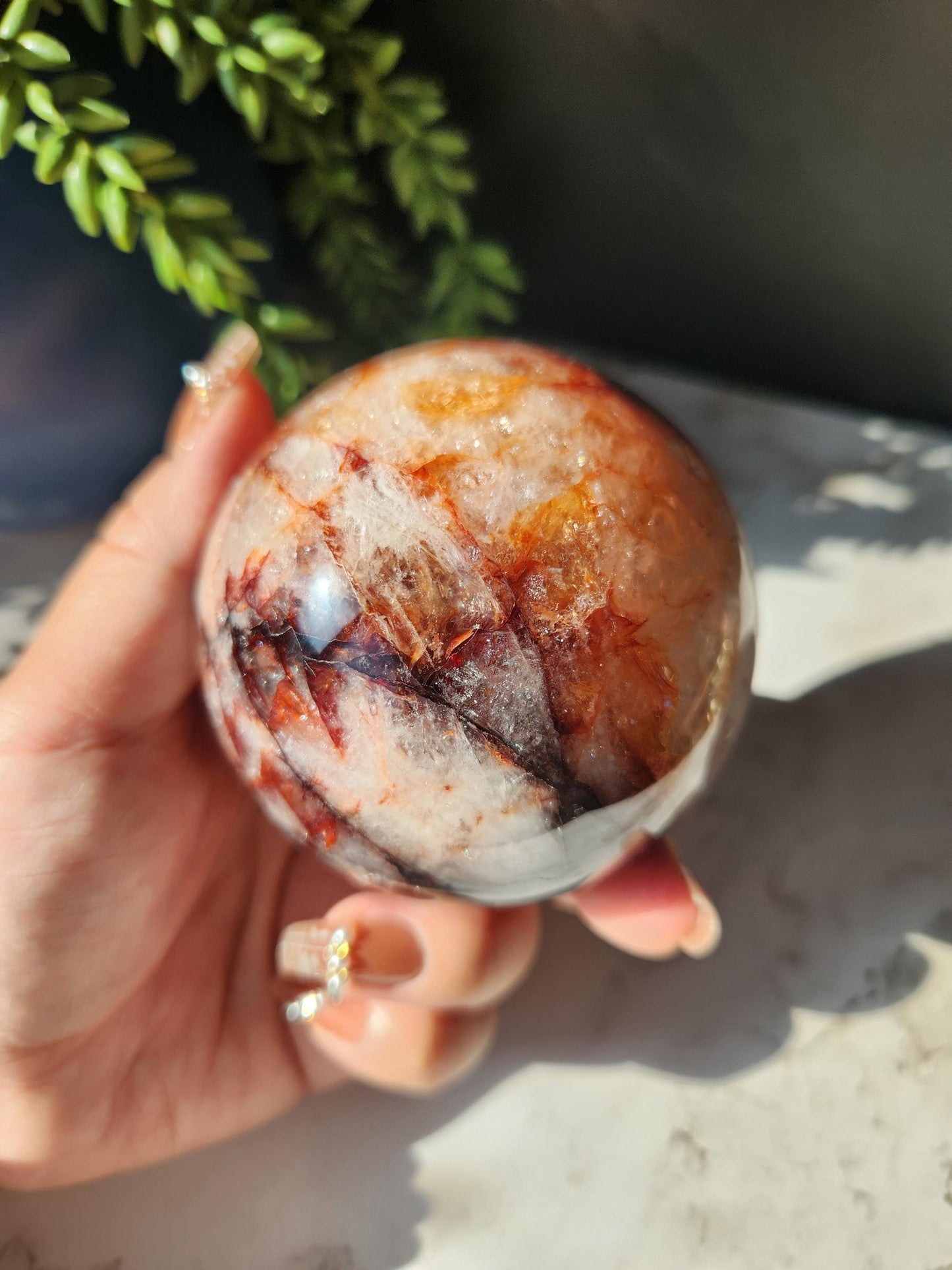 Large natural high quality fire quartz sphere with rainbows, Hematoid inclusions, Hematoid quartz, natural fire quartz