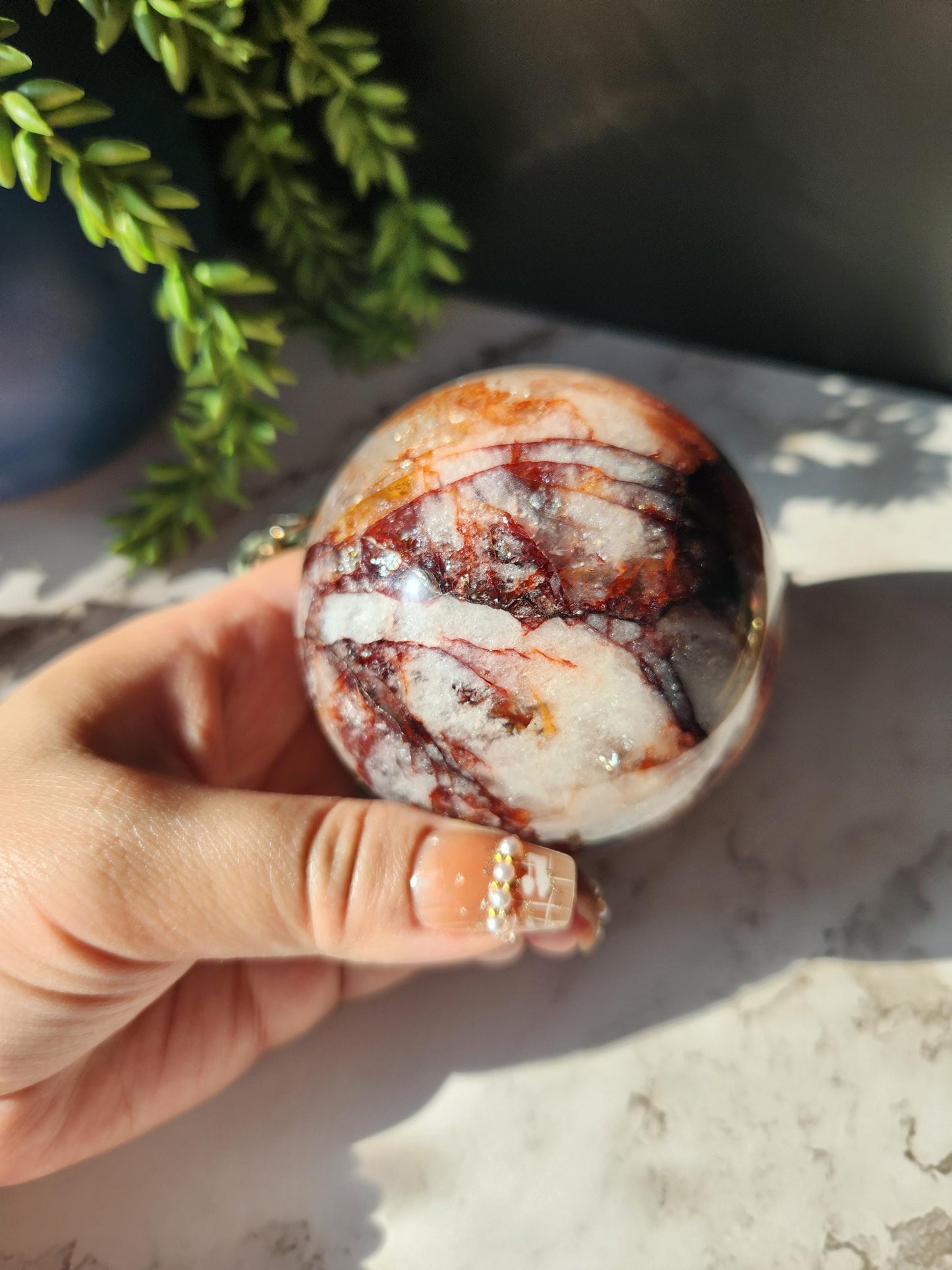 Large natural high quality fire quartz sphere with rainbows, Hematoid inclusions, Hematoid quartz, natural fire quartz