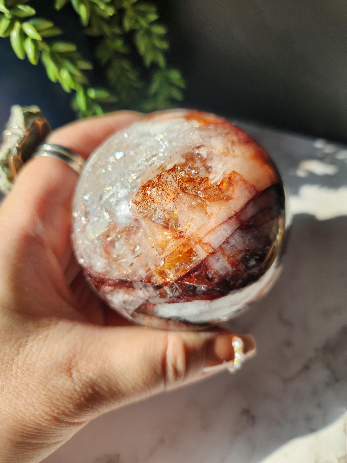 Large natural high quality fire quartz sphere with rainbows, Hematoid inclusions, Hematoid quartz, natural fire quartz