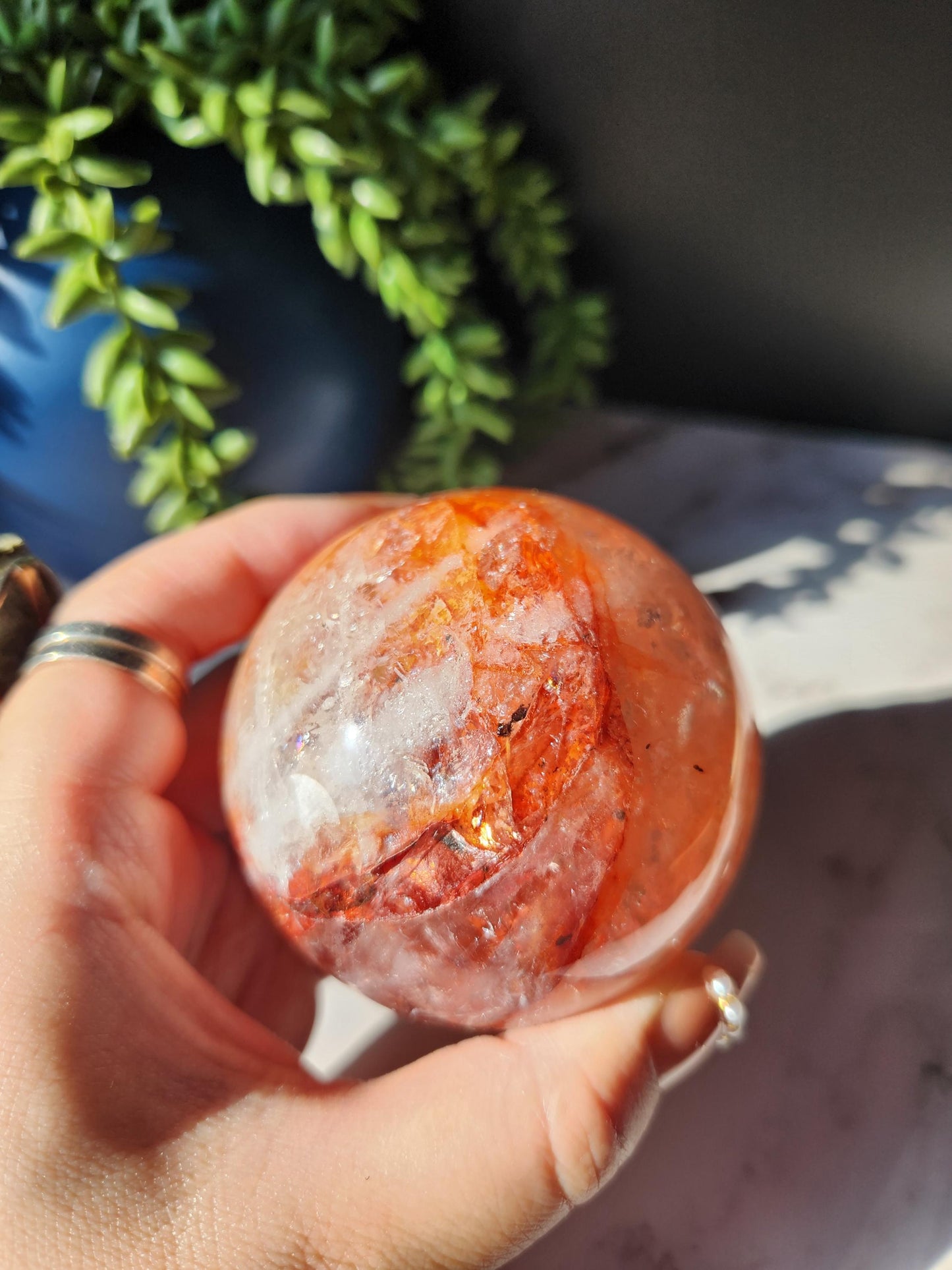 Beautiful natural high quality fire quartz sphere with rainbows, Hematoid inclusions, Hematoid quartz,