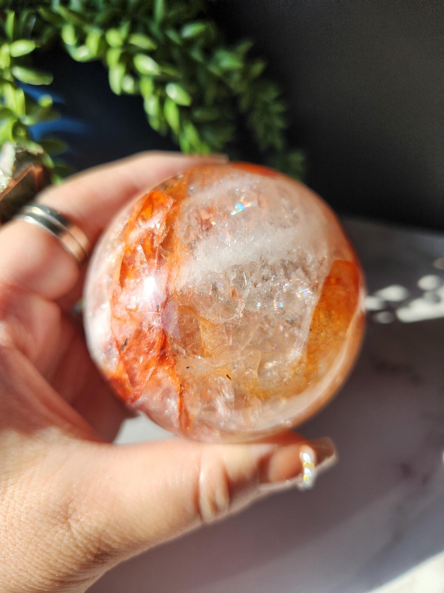 Beautiful natural high quality fire quartz sphere with rainbows, Hematoid inclusions, Hematoid quartz,