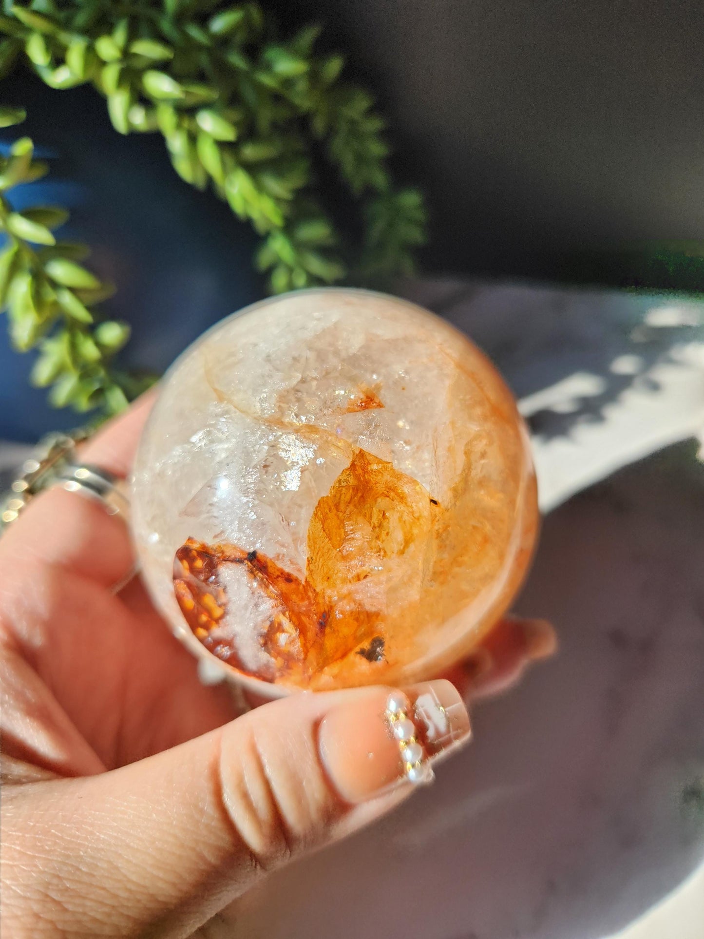 Beautiful natural high quality fire quartz sphere with rainbows, Hematoid inclusions, Hematoid quartz,