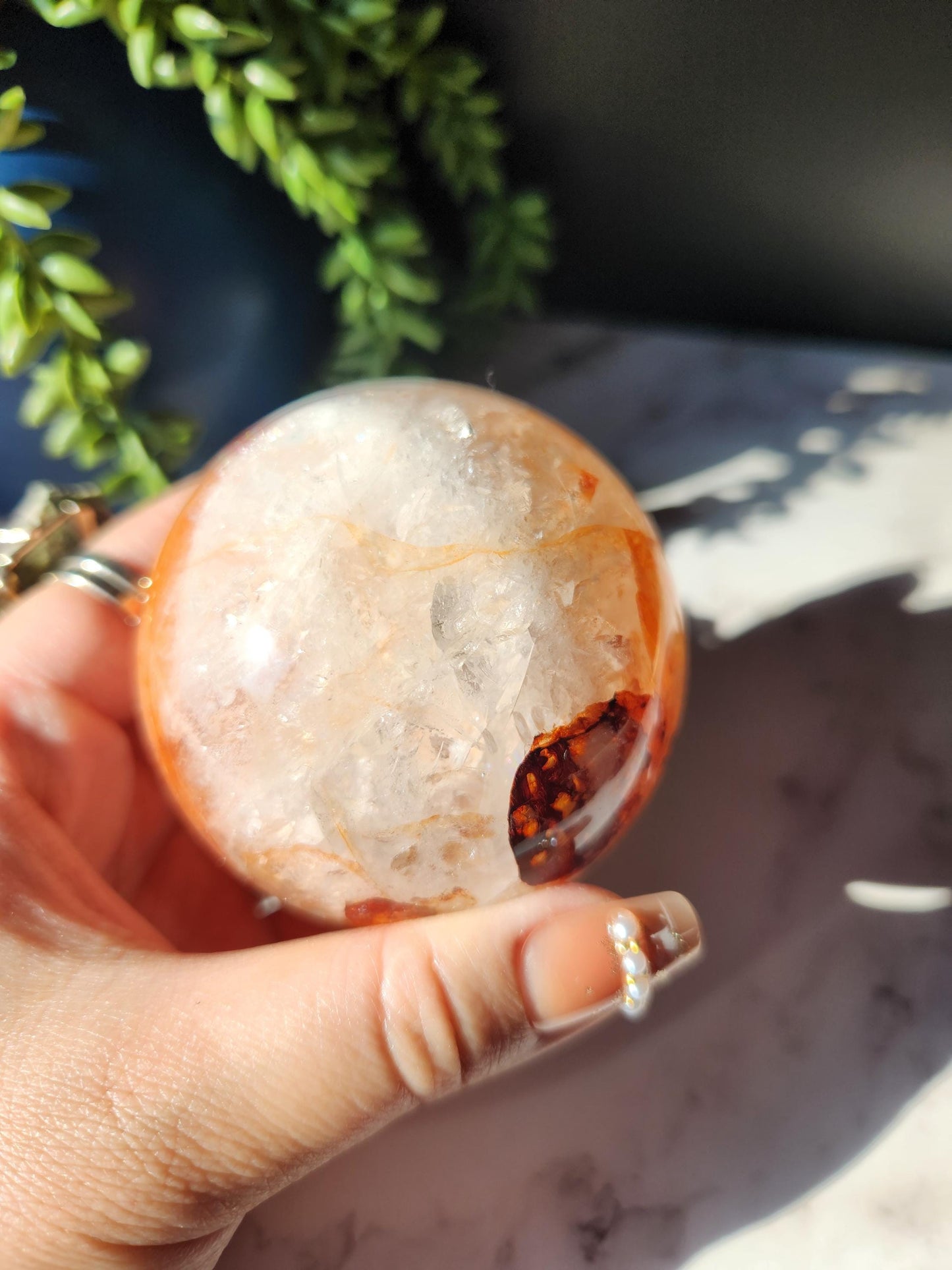 Beautiful natural high quality fire quartz sphere with rainbows, Hematoid inclusions, Hematoid quartz,