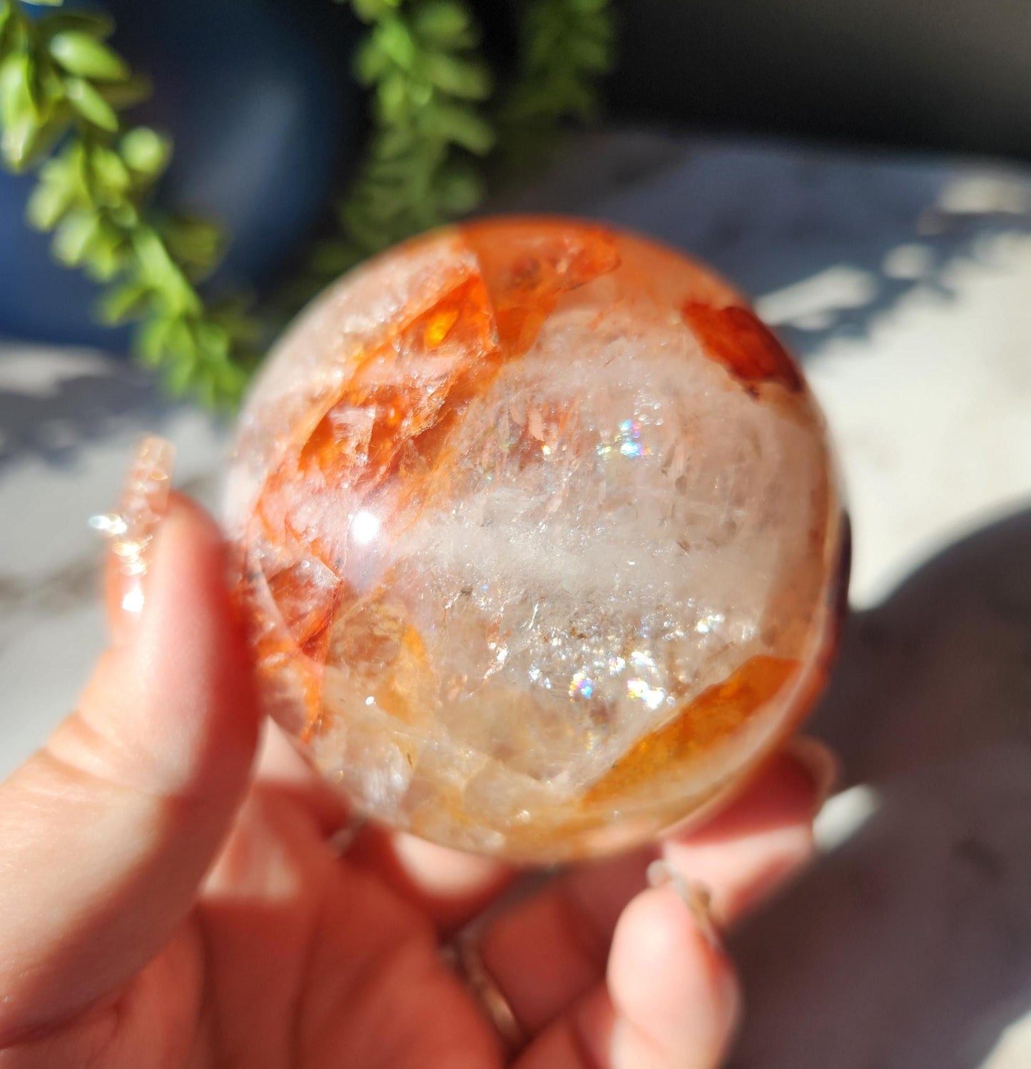 Beautiful natural high quality fire quartz sphere with rainbows, Hematoid inclusions, Hematoid quartz,