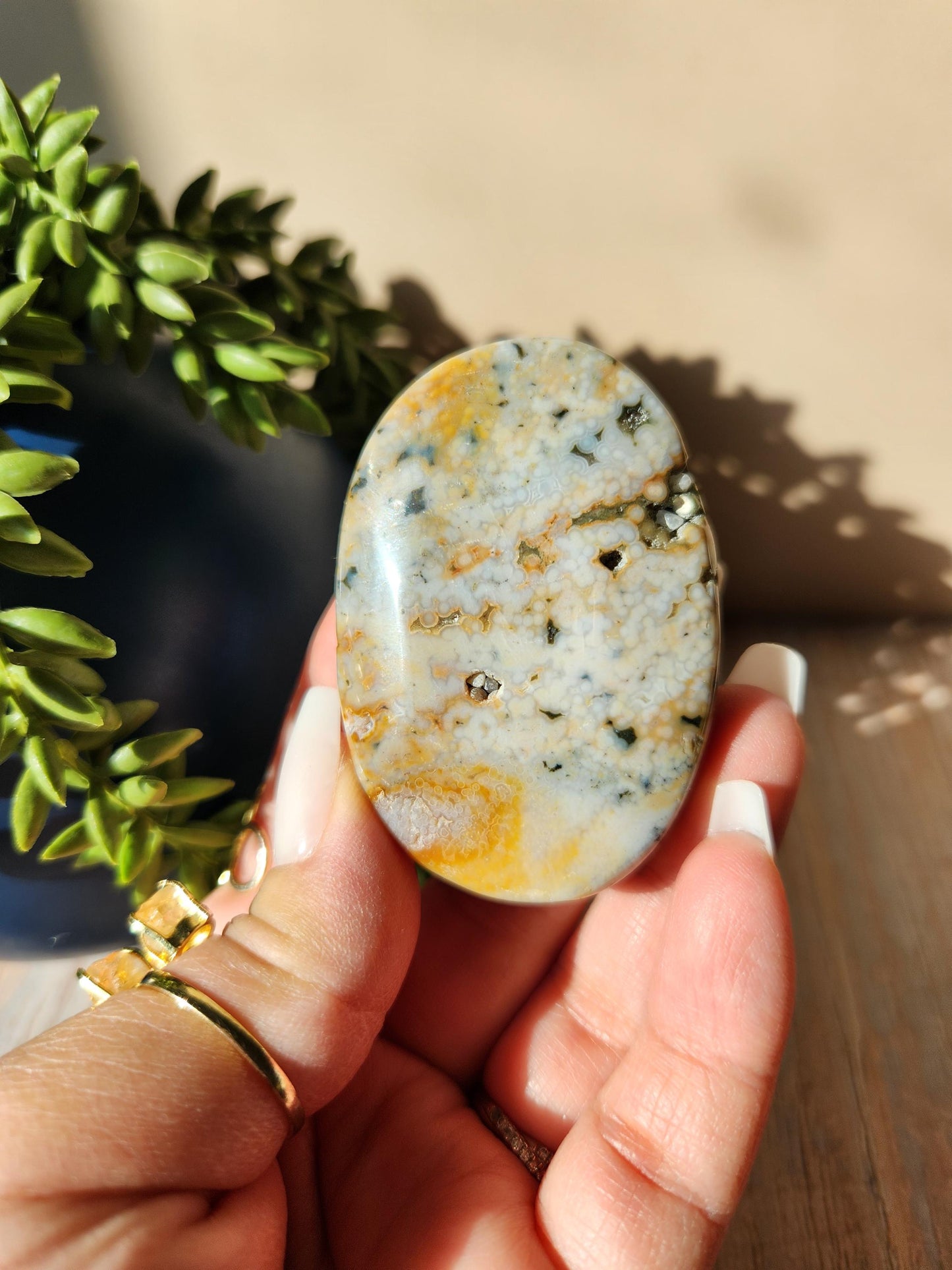 Pretty ocean jasper palm stone with druzy