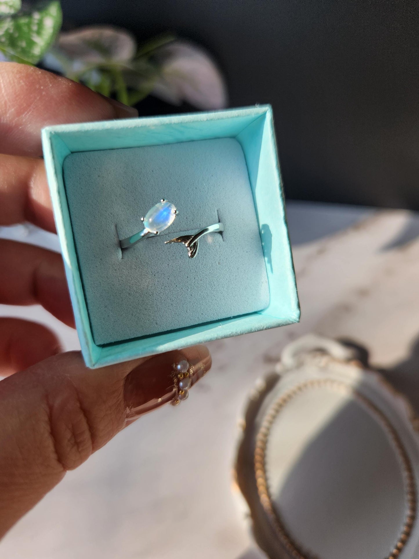Dainty mermaid blue moonstone ring, top quality