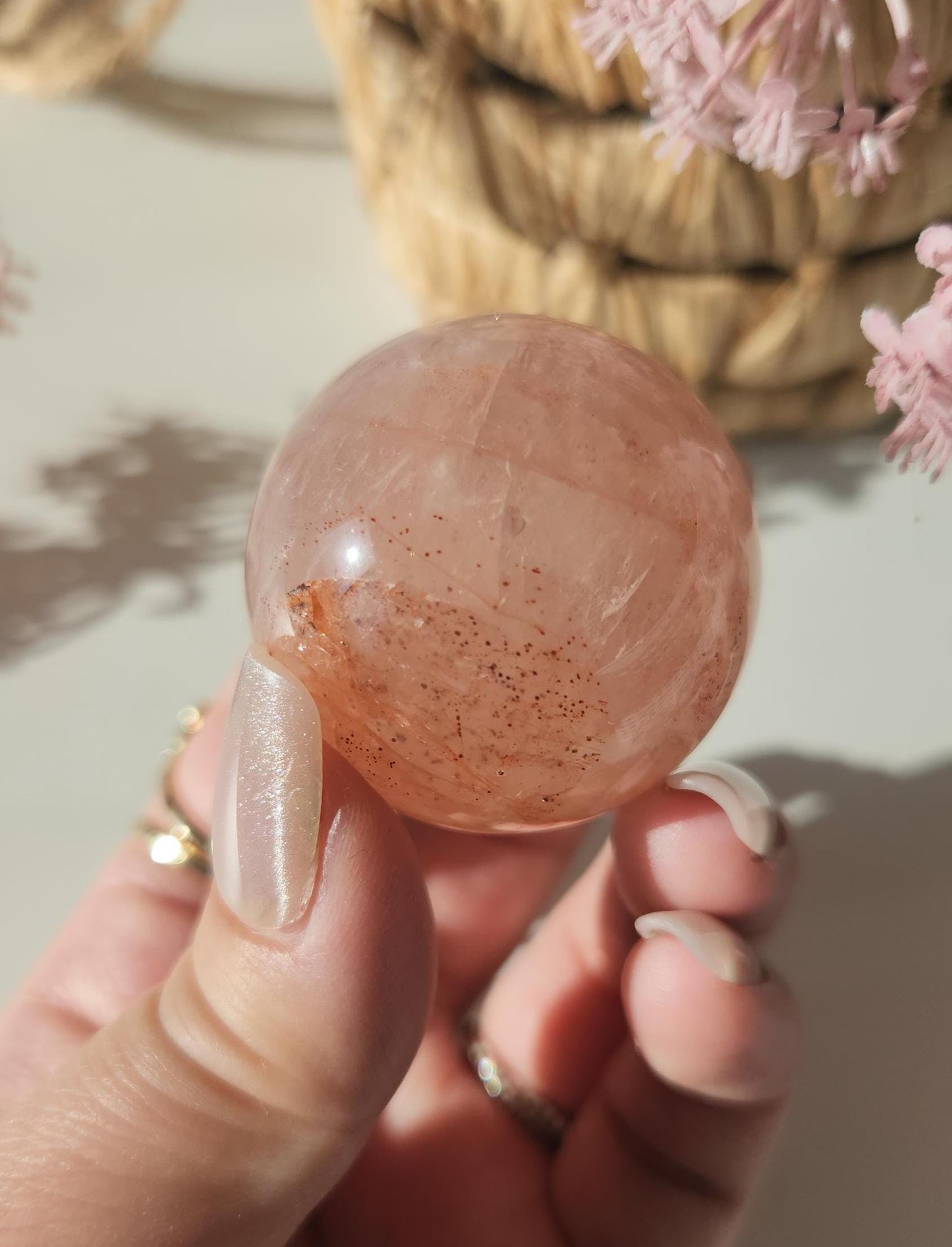 Rare natural fire quartz with rose quartz sphere from Madagascar, Hematoid inclusions