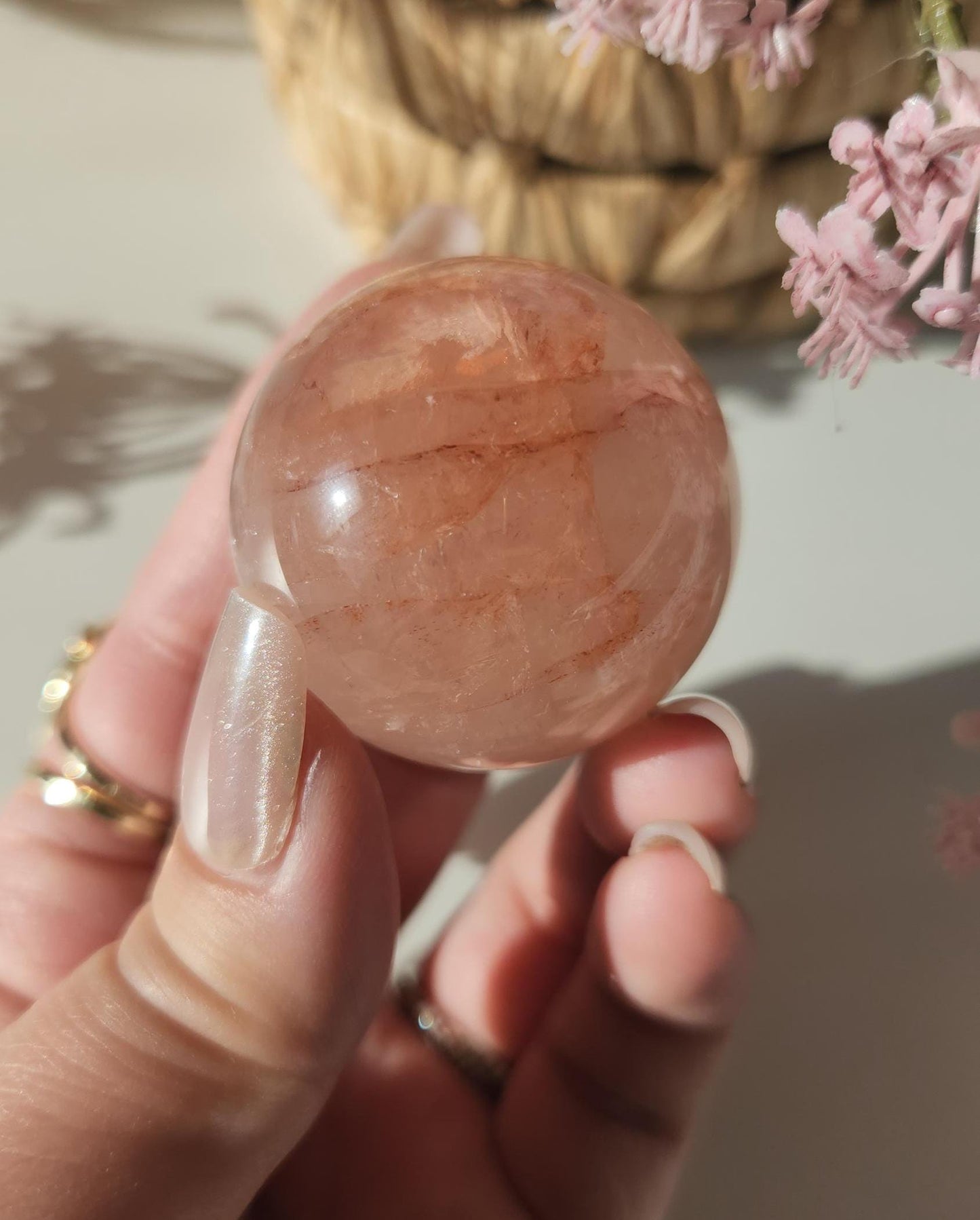 Rare natural fire quartz with rose quartz sphere from Madagascar, Hematoid inclusions