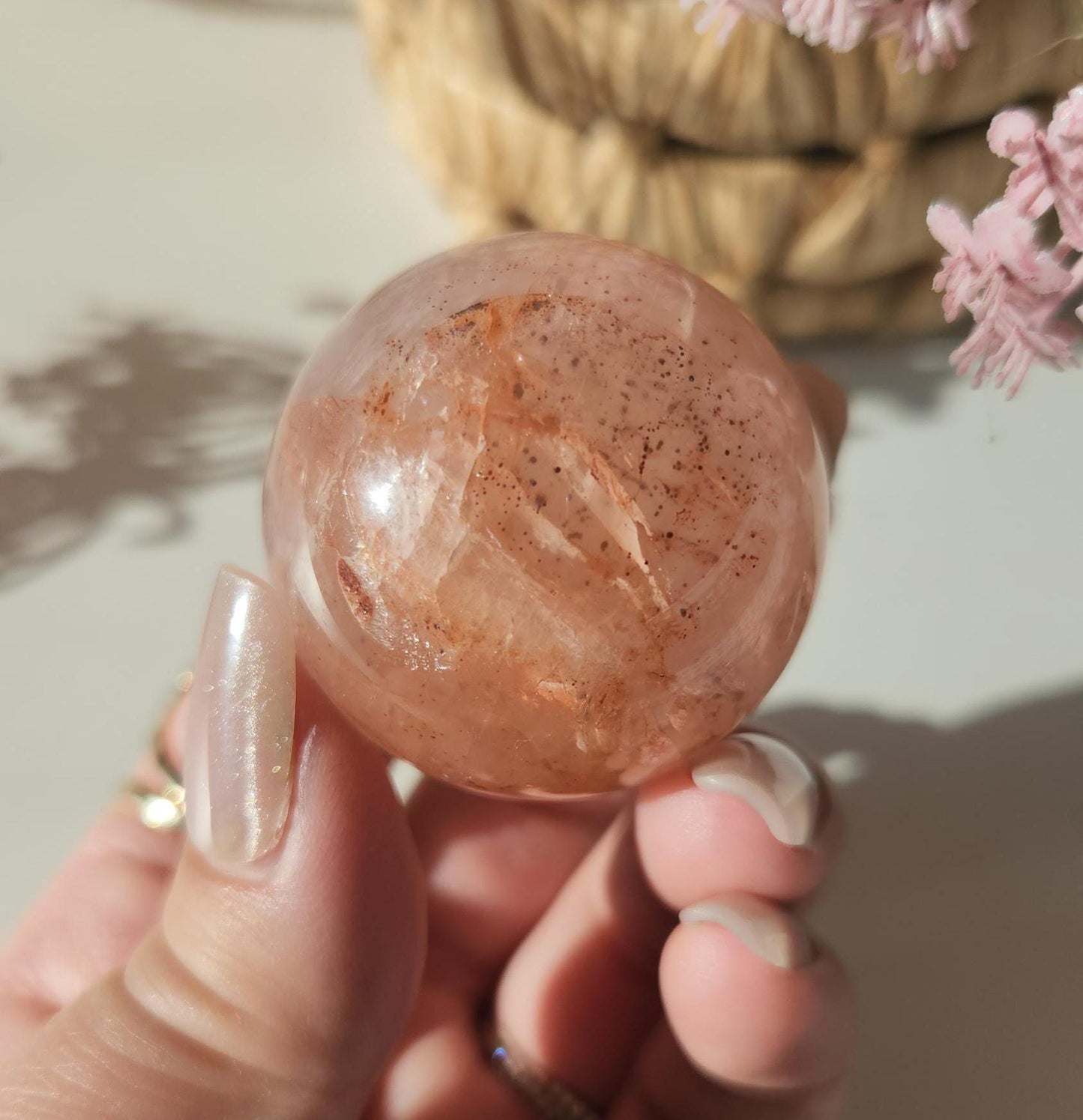 Rare natural fire quartz with rose quartz sphere from Madagascar, Hematoid inclusions