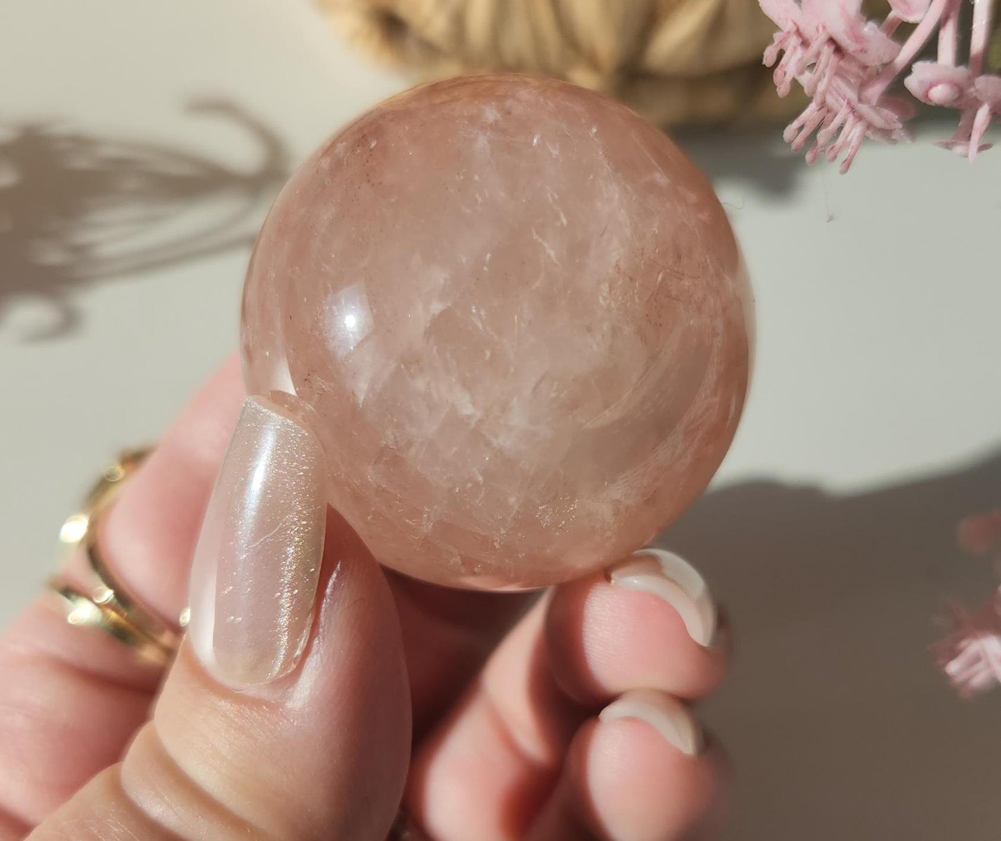 Rare natural fire quartz with rose quartz sphere from Madagascar, Hematoid inclusions
