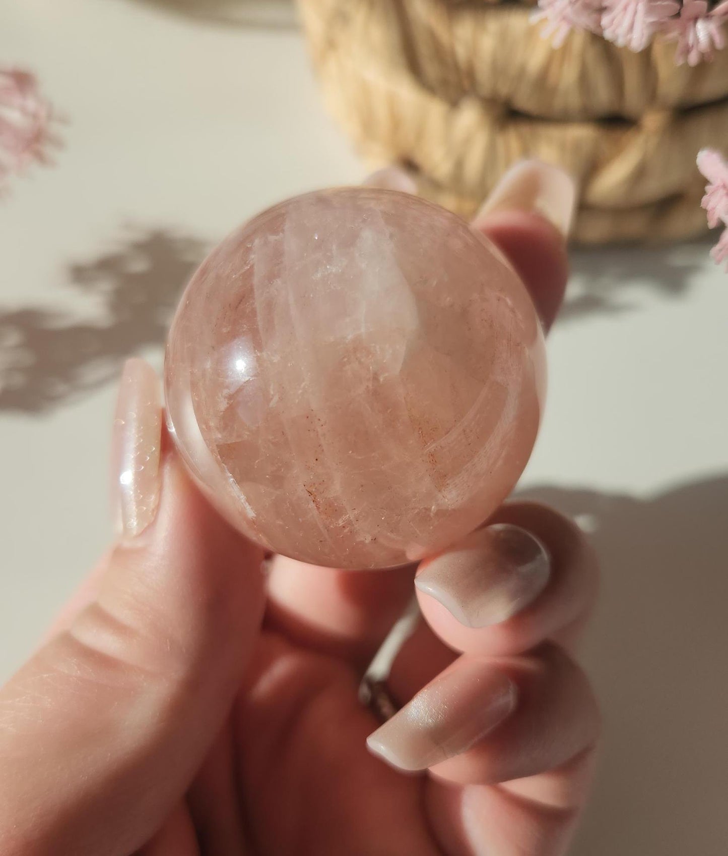 Rare natural fire quartz with rose quartz sphere from Madagascar, Hematoid inclusions
