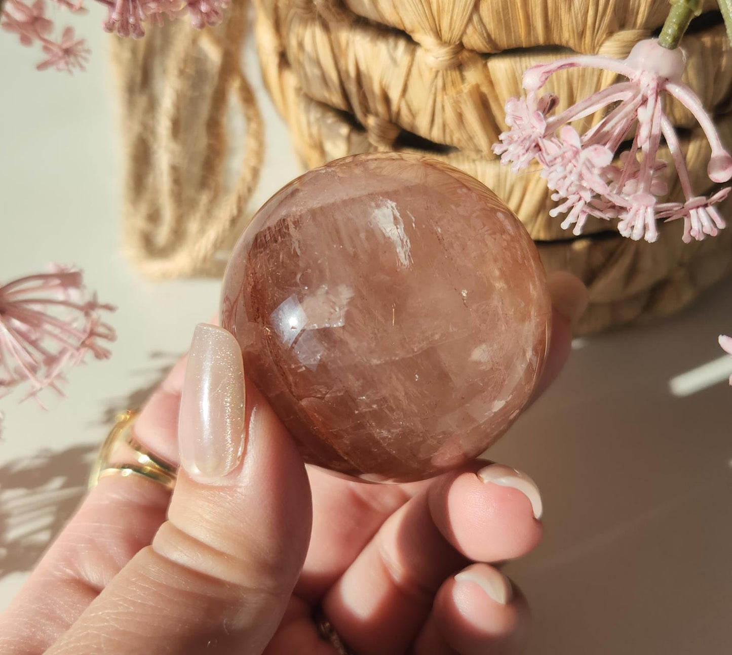 Rare natural fire quartz with rose quartz sphere from Madagascar, Hematoid inclusions