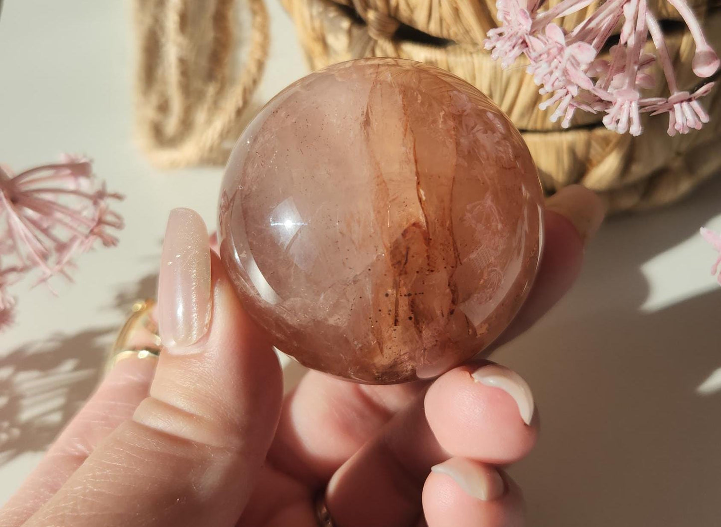 Rare natural fire quartz with rose quartz sphere from Madagascar, Hematoid inclusions