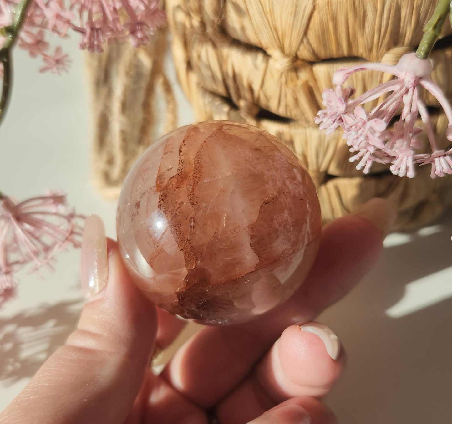 Rare natural fire quartz with rose quartz sphere from Madagascar, Hematoid inclusions