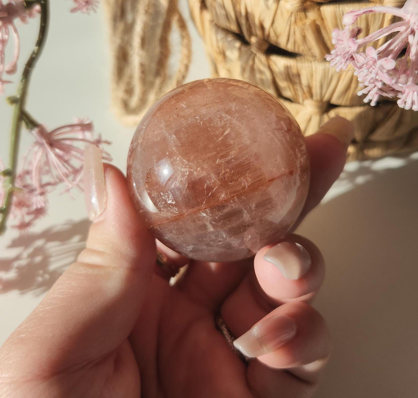 Rare natural fire quartz with rose quartz sphere from Madagascar, Hematoid inclusions