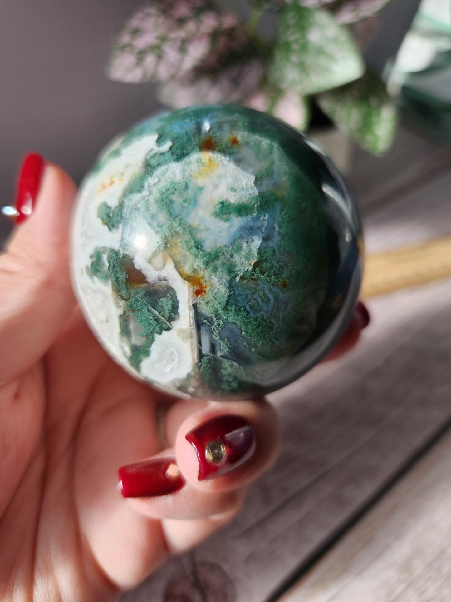 Rare natural moss agate sphere with calcite and beautiful rainbows on the calcite, 62.3mm C1