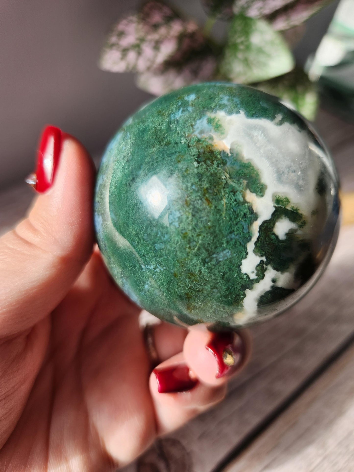 Rare natural moss agate sphere with calcite and beautiful rainbows on the calcite, 62.3mm C1