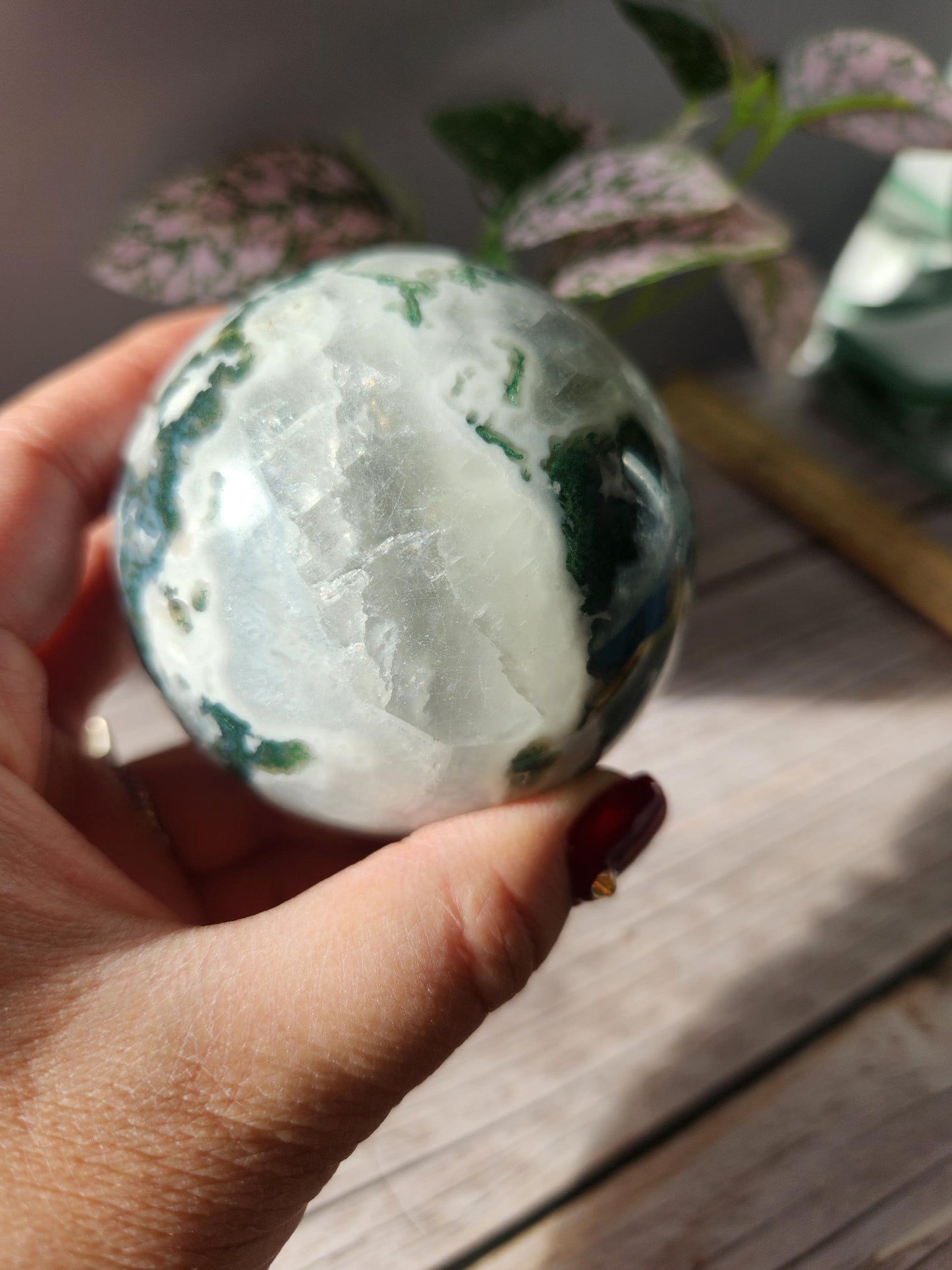 Rare natural moss agate sphere with calcite and beautiful rainbows on the calcite, 66.8mm C2