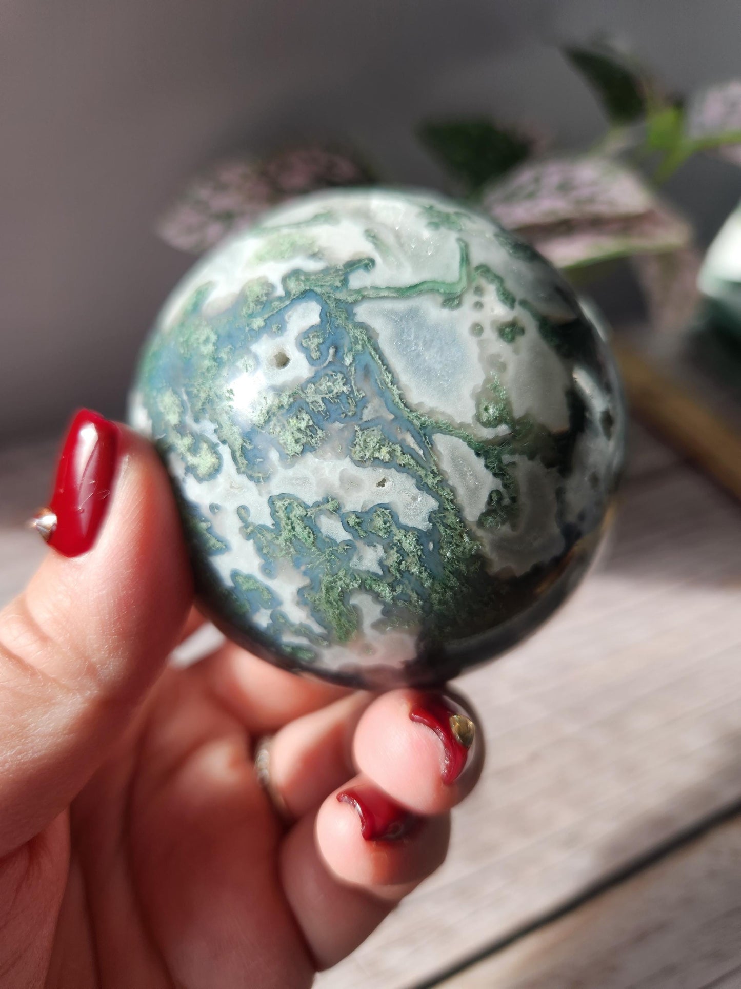 Rare natural moss agate sphere with calcite and beautiful rainbows on the calcite, 66.8mm C2