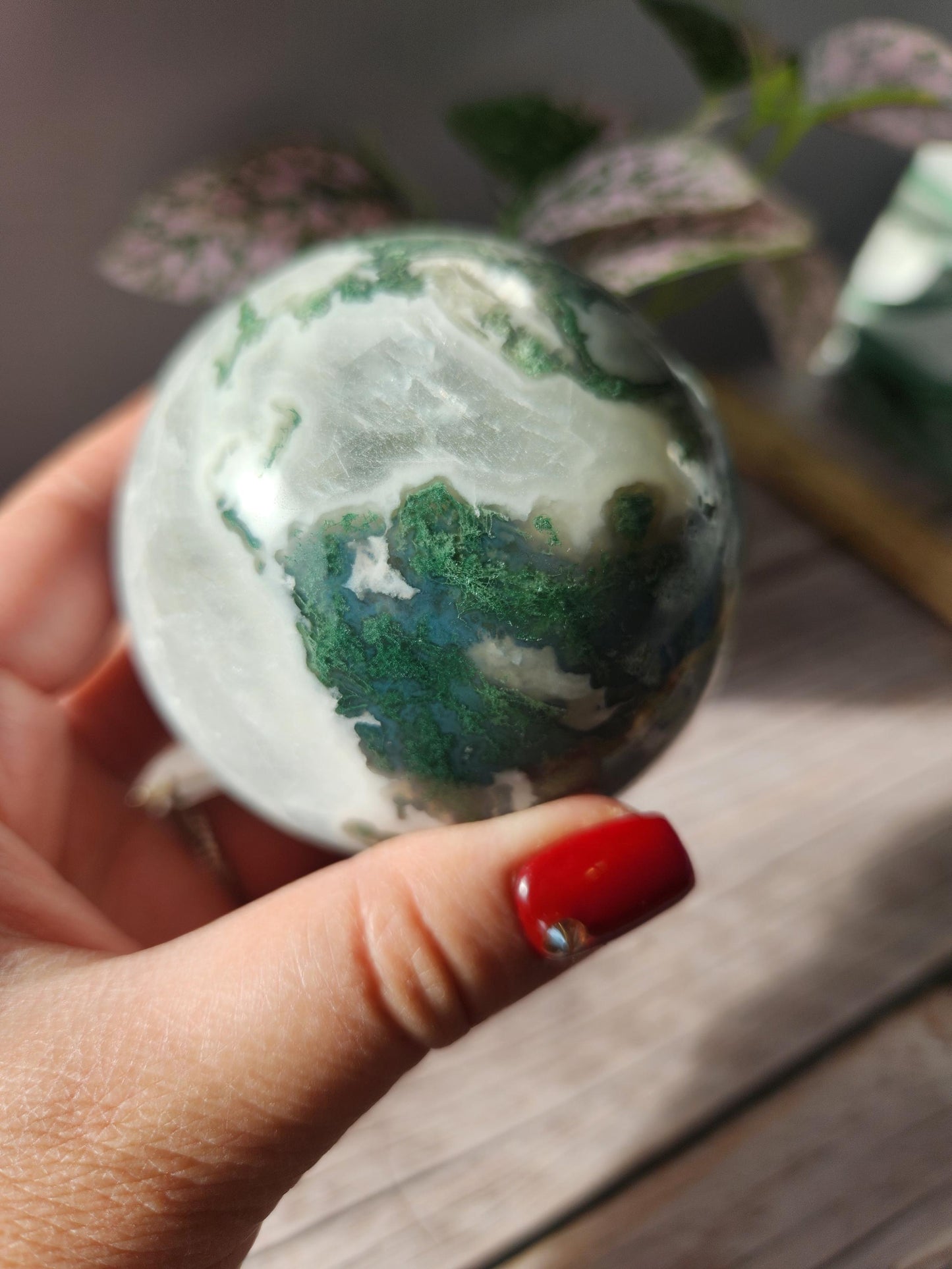 Rare natural moss agate sphere with calcite and beautiful rainbows on the calcite, 66.8mm C2