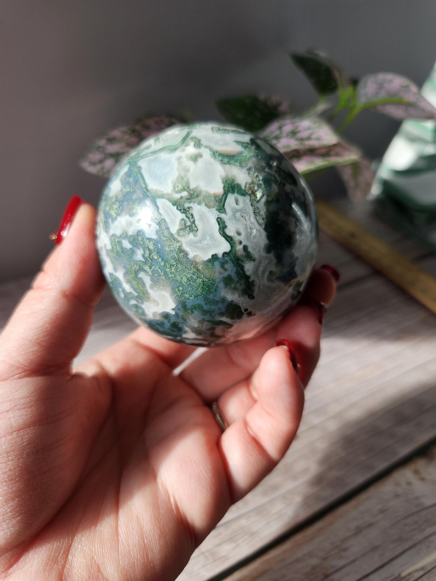 Rare natural moss agate sphere with calcite and beautiful rainbows on the calcite, 66.8mm C2