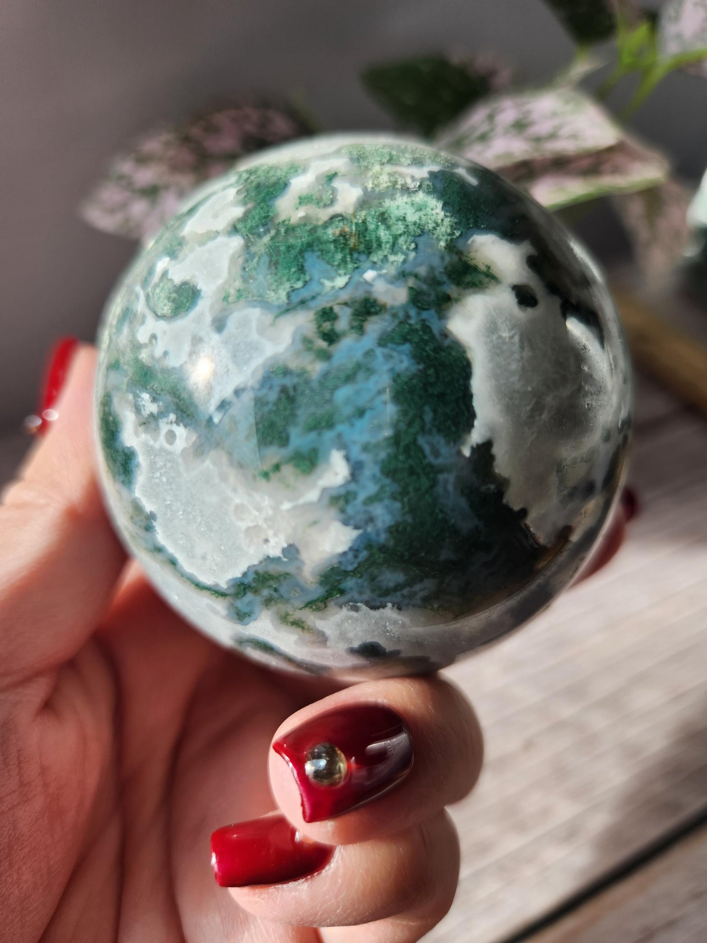 Rare natural moss agate sphere with calcite and beautiful rainbows on the calcite, 66.8mm C2