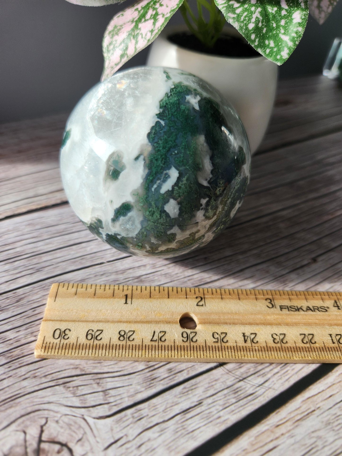 Rare natural moss agate sphere with calcite and beautiful rainbows on the calcite, 66.8mm C2