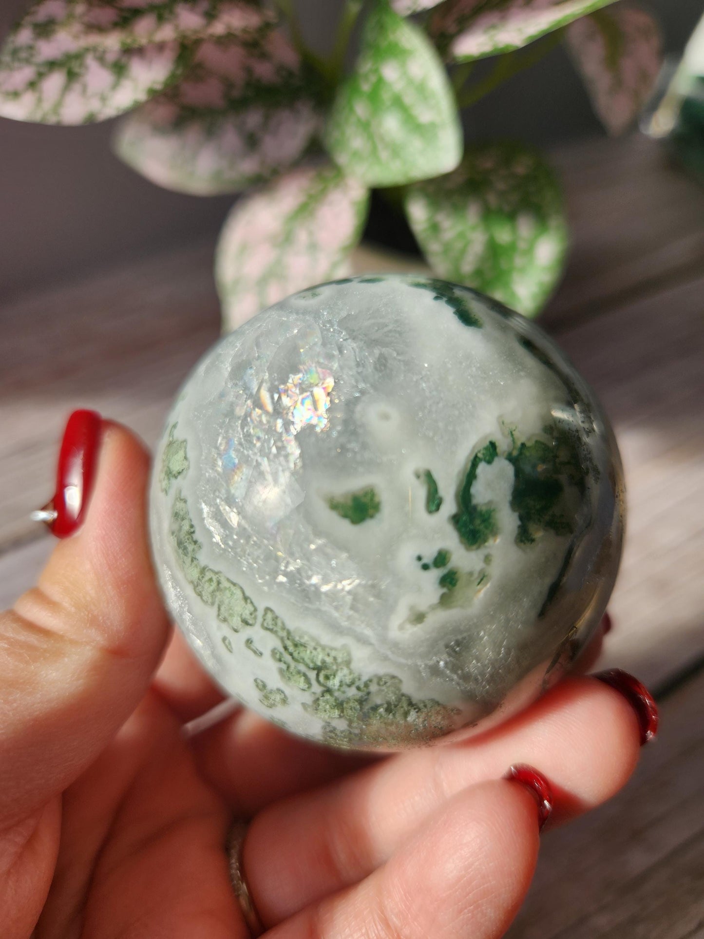 Rare natural moss agate sphere with calcite and beautiful rainbows, 57.7mm C3