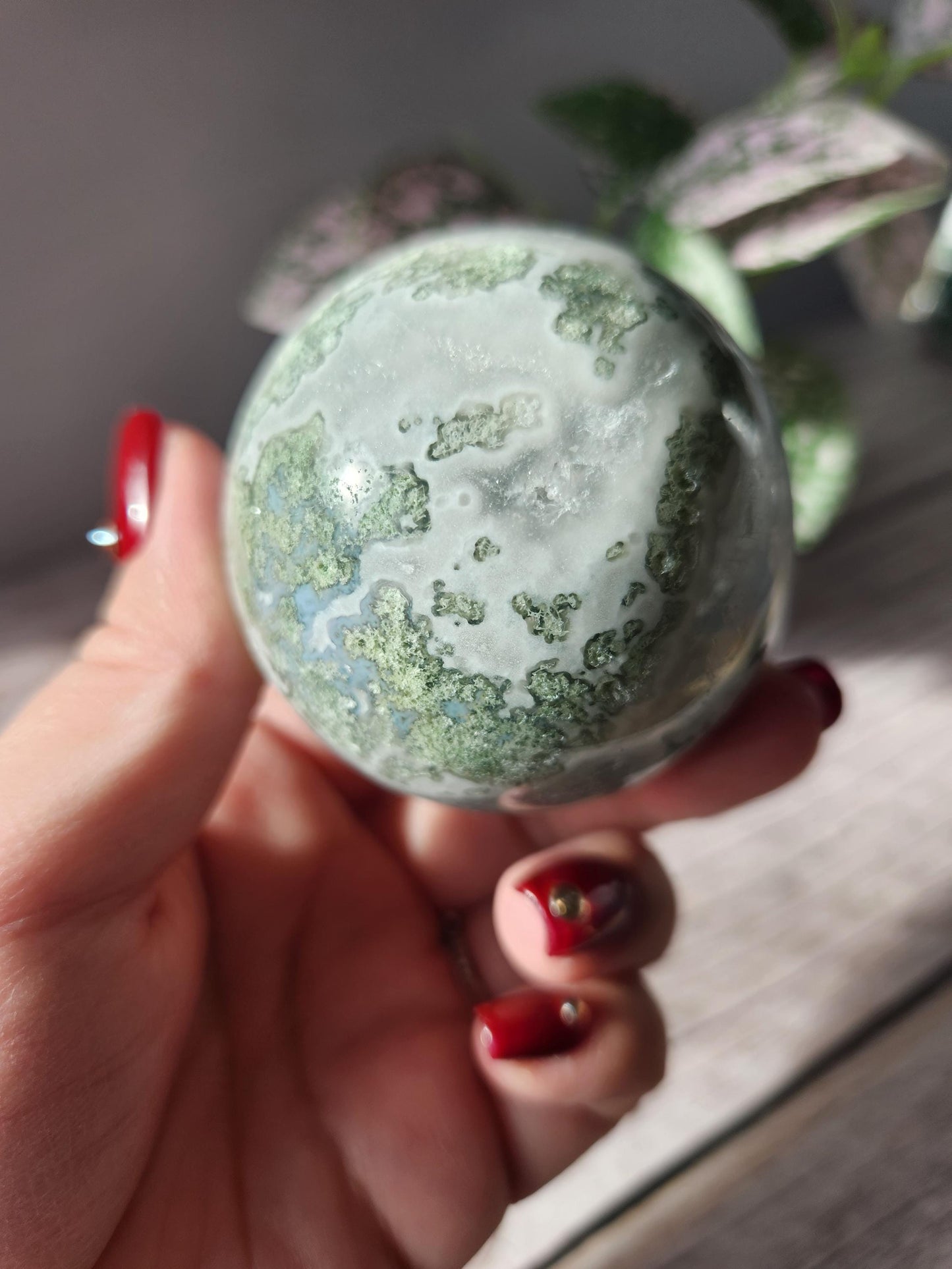 Rare natural moss agate sphere with calcite and beautiful rainbows, 57.7mm C3