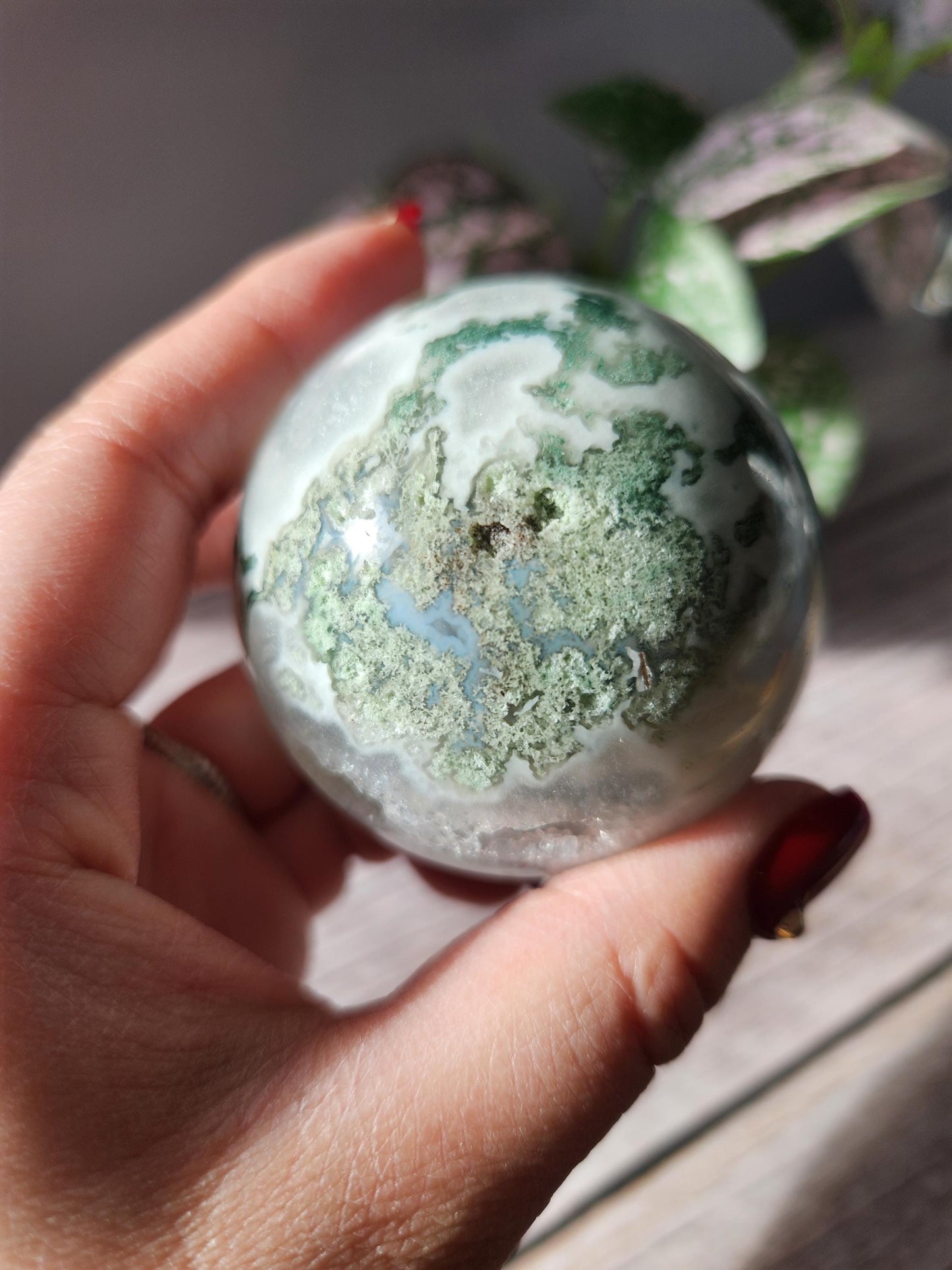 Rare natural moss agate sphere with calcite and beautiful rainbows, 57.7mm C3