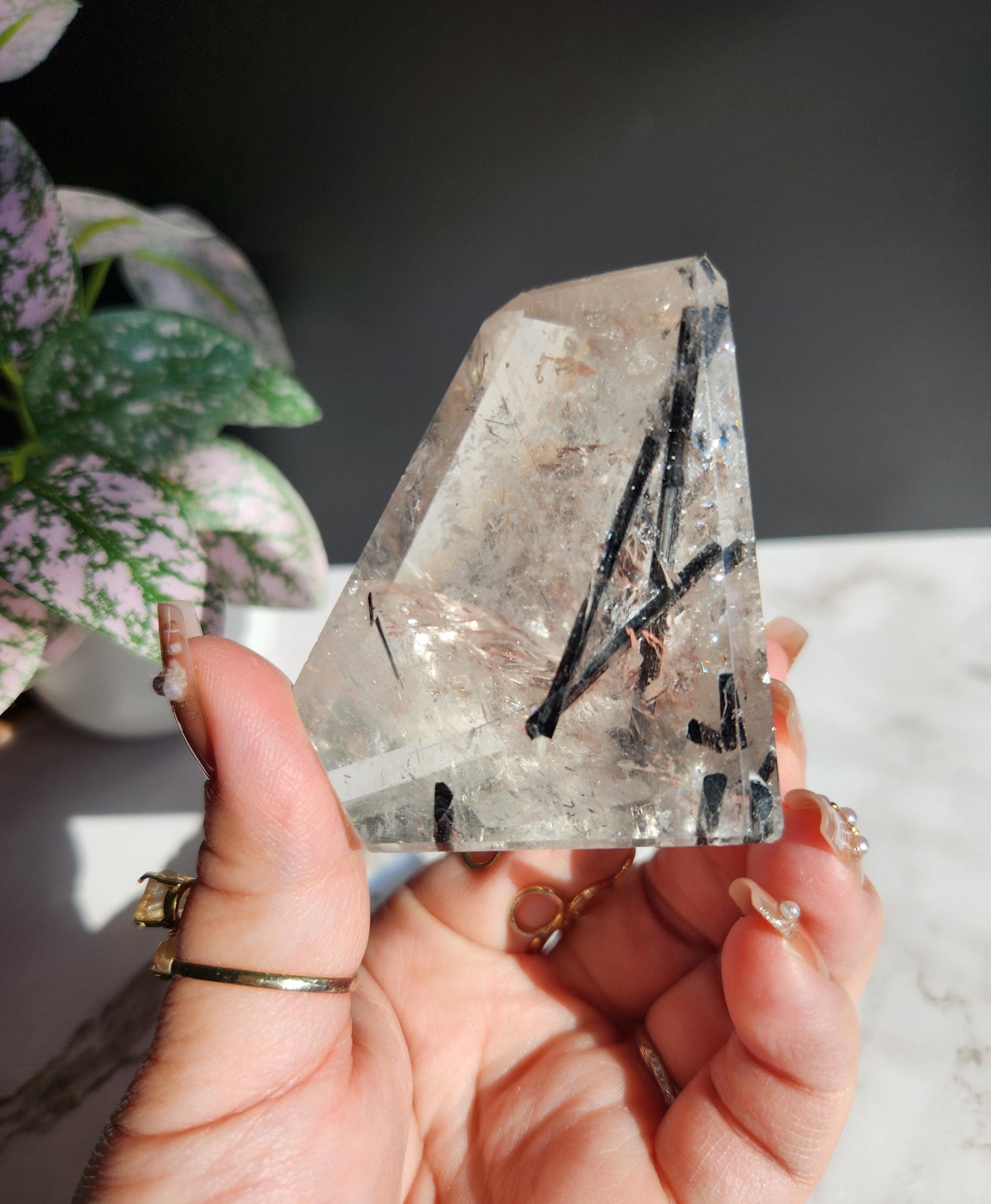 High quality black tourmaline in quartz freefrom with rainbows on a beautiful gold custom stand