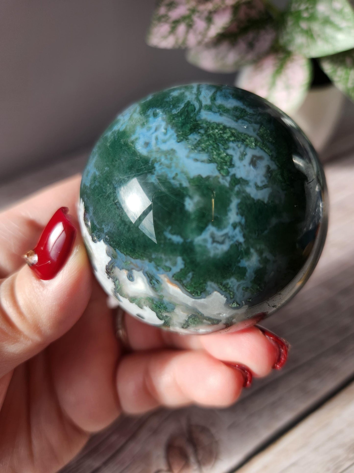 Amazing moss agate sphere with druzy quartz and blue lace / chalcedony, natural 60.8mm M2