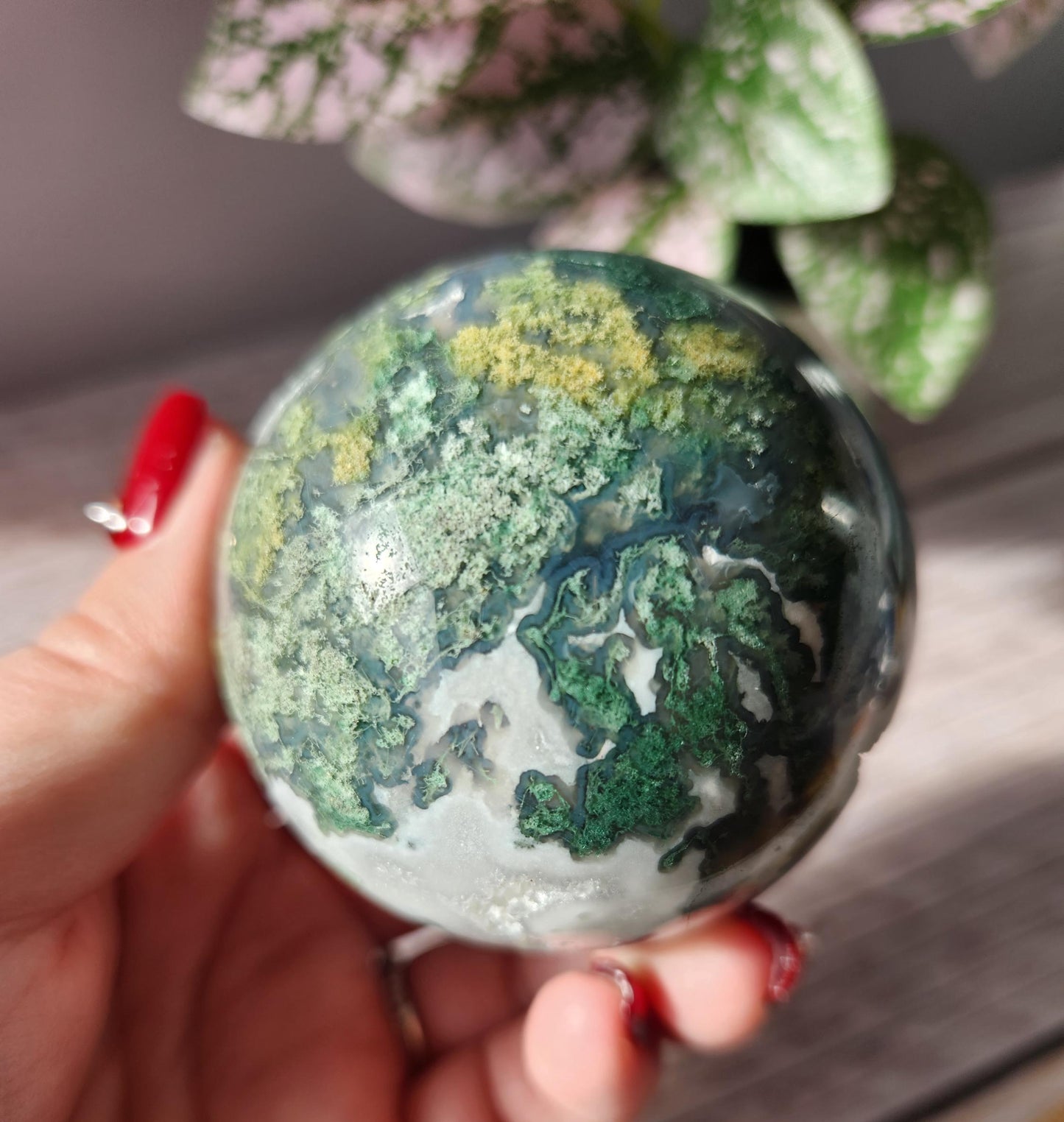 Amazing moss agate sphere with druzy quartz and blue lace / chalcedony, natural 60.8mm M2