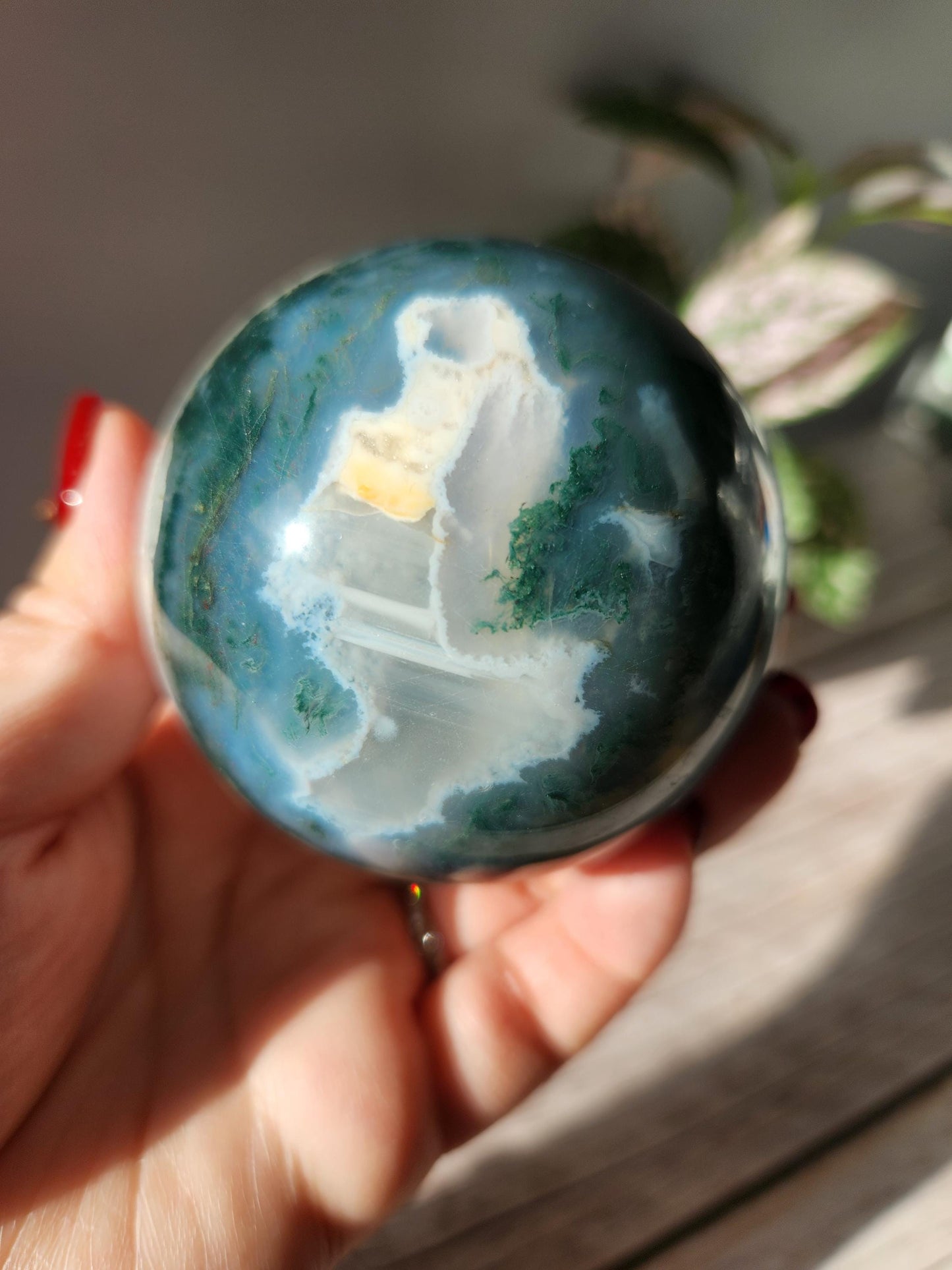 Beautiful moss agate sphere with sparkly quartz, natural 65.3mm M3