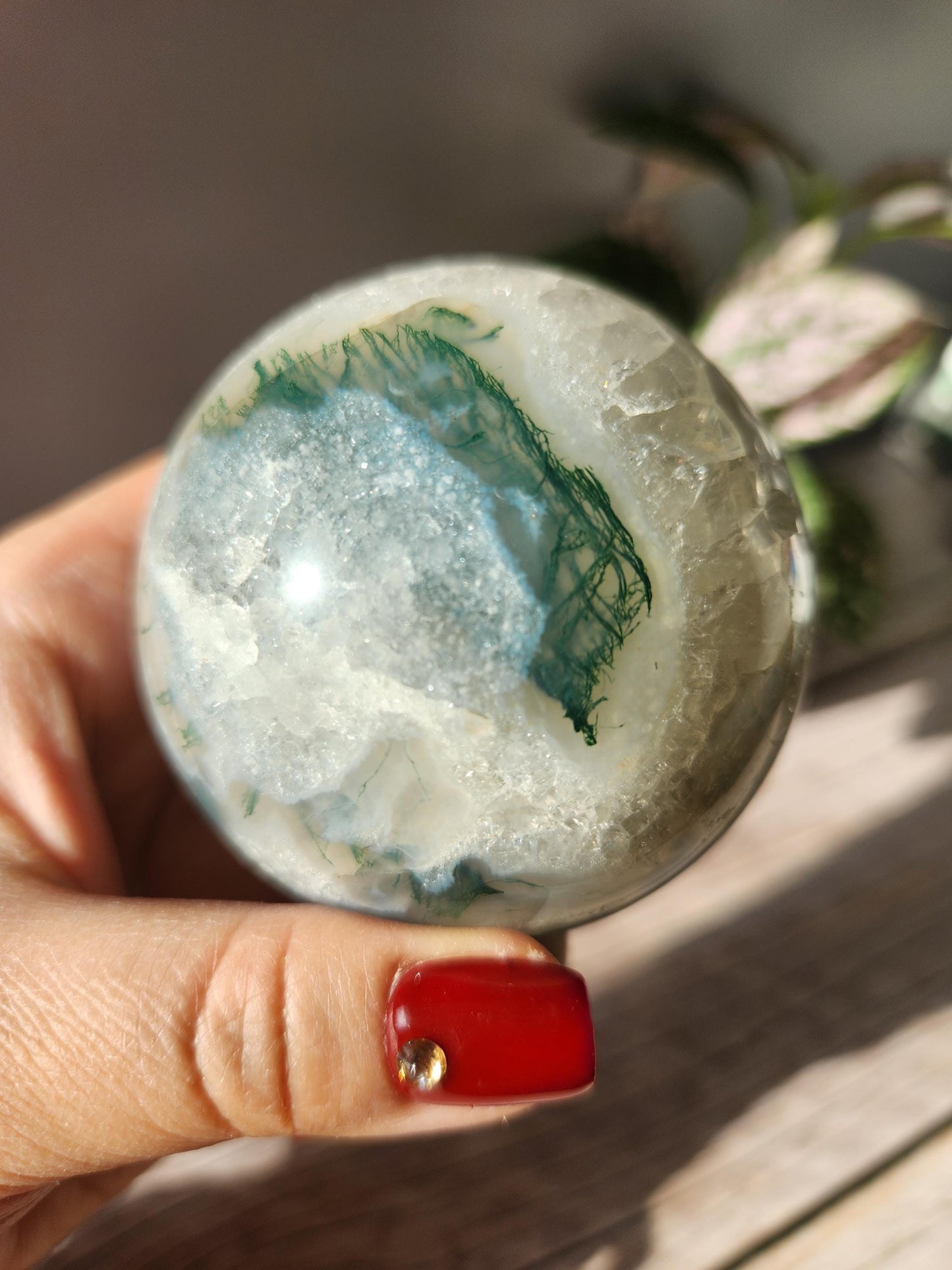 Beautiful moss agate sphere with sparkly quartz, natural 65.3mm M3