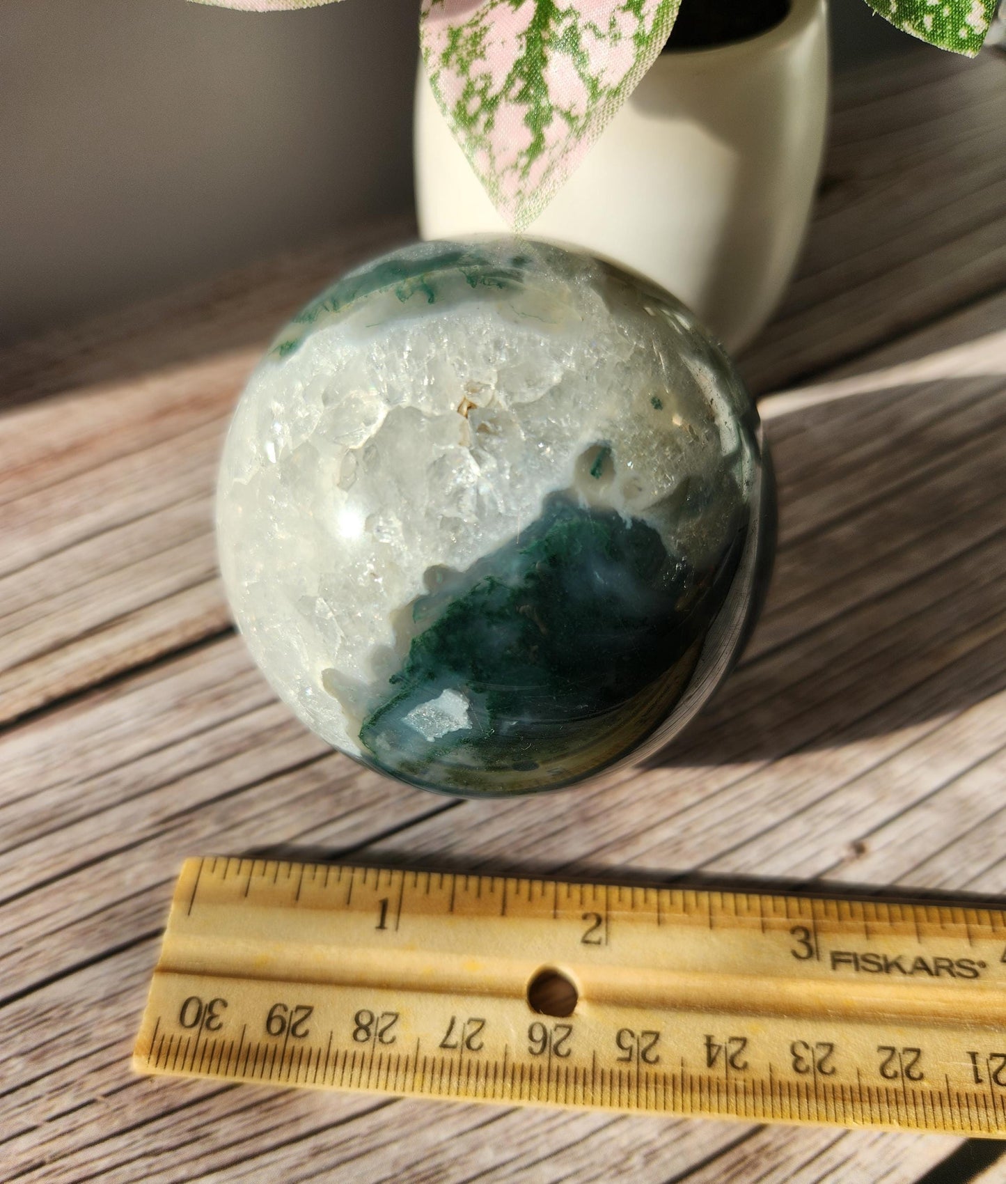 Beautiful moss agate sphere with sparkly quartz, natural 65.3mm M3