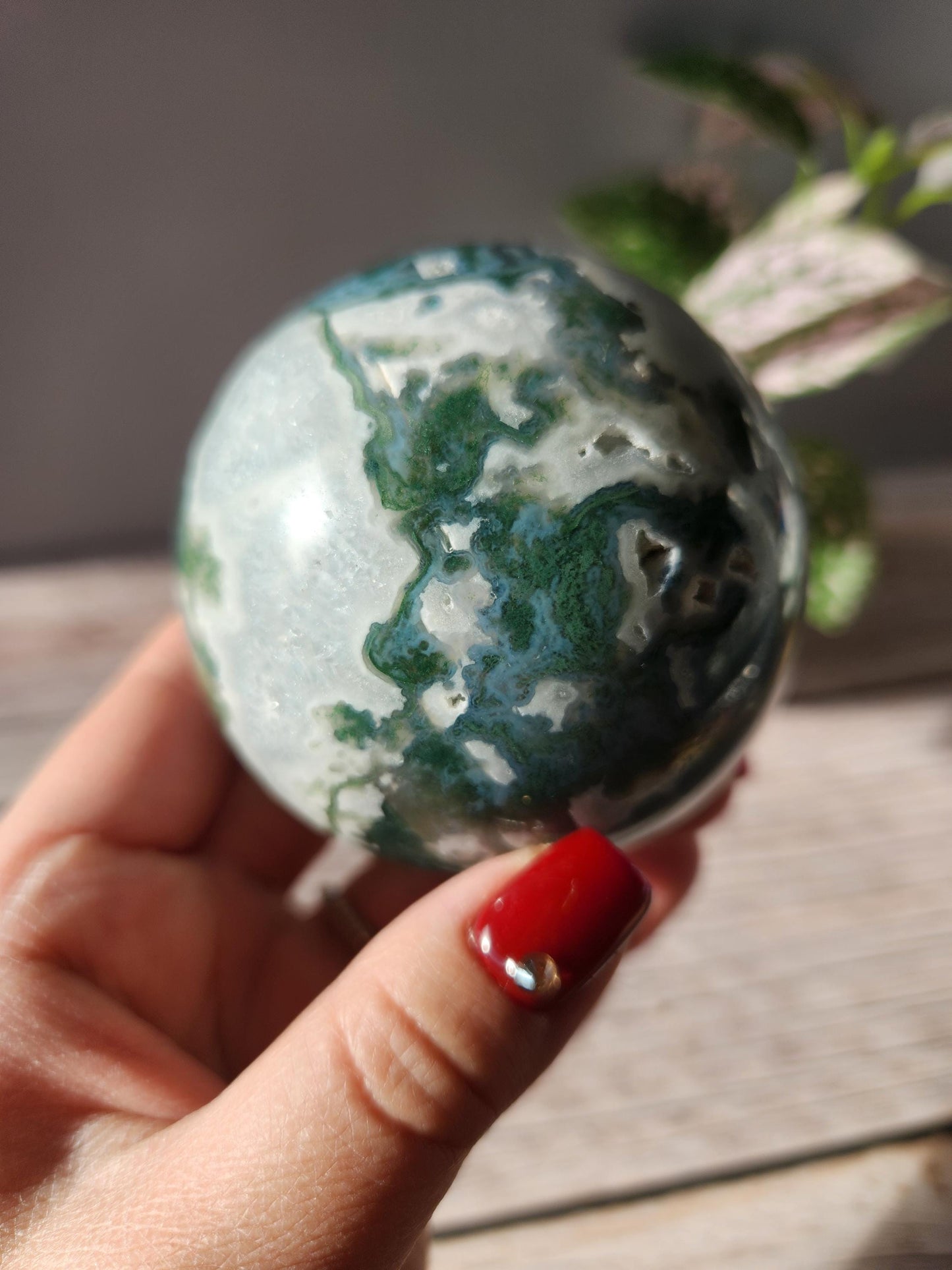 Rare moss agate sphere with sparkly quartz and blue lace/chalcedony, natural 70.5mm M4