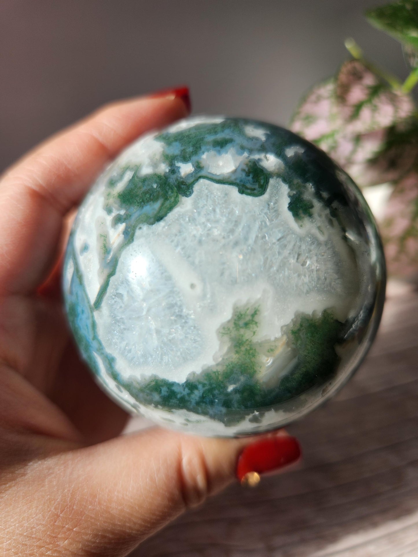 Rare moss agate sphere with sparkly quartz and blue lace/chalcedony, natural 70.5mm M4