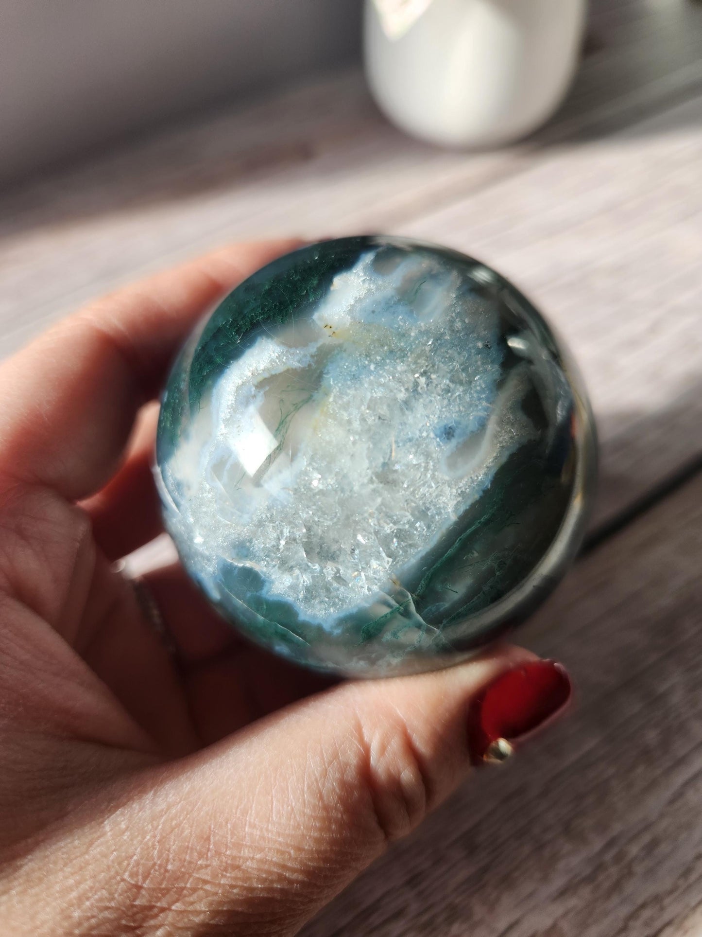 Beautiful dark moss agate sphere with sparkly quartz druzy and blue lace, natural 58mm m5