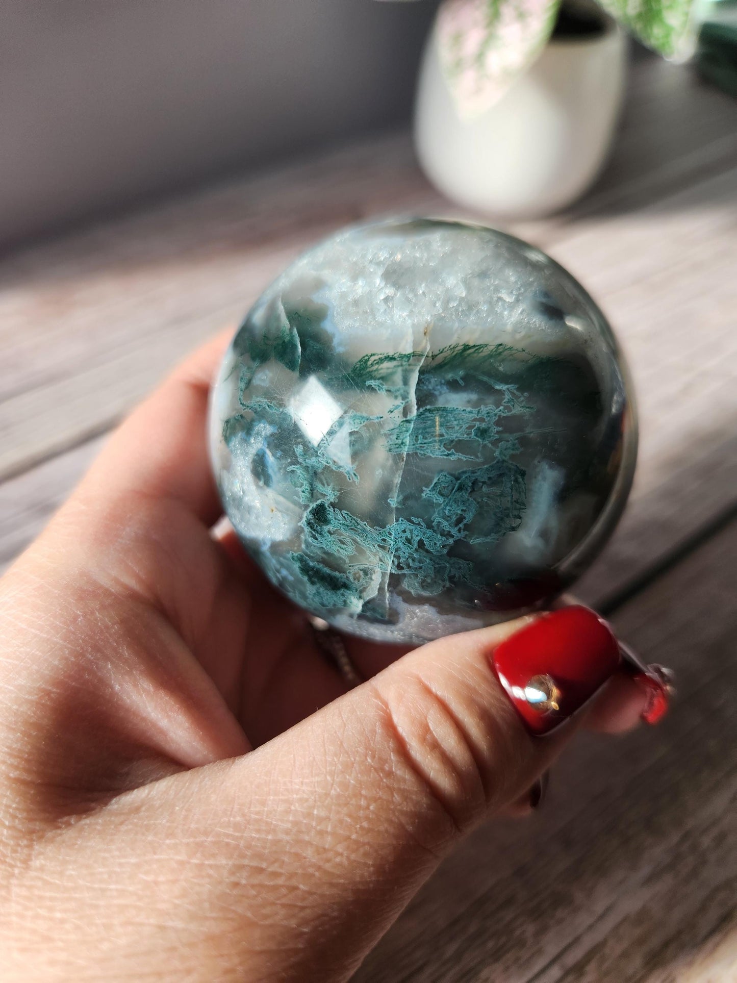 Beautiful dark moss agate sphere with sparkly quartz druzy and blue lace, natural 58mm m5