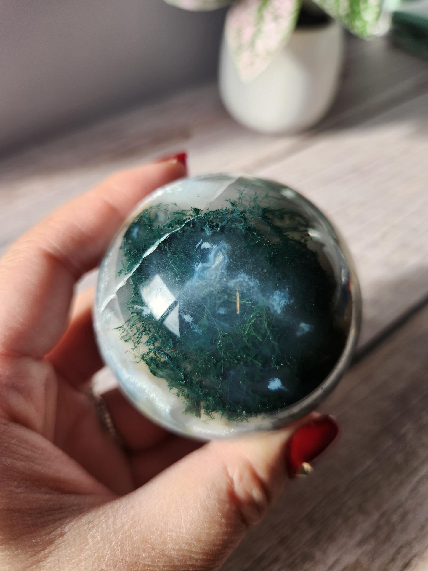 Beautiful dark moss agate sphere with sparkly quartz druzy and blue lace, natural 58mm m5