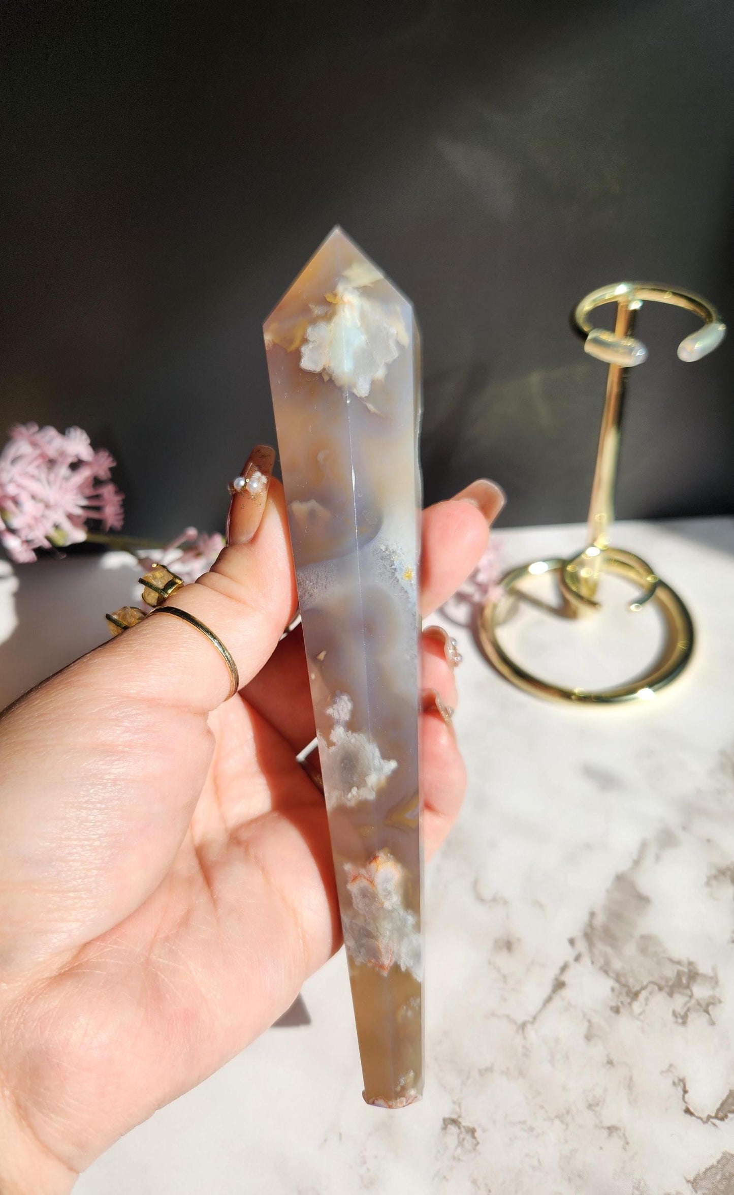Natural black flower agate wand with stand, has sparkly druzy and black chalcedony from Madagascar