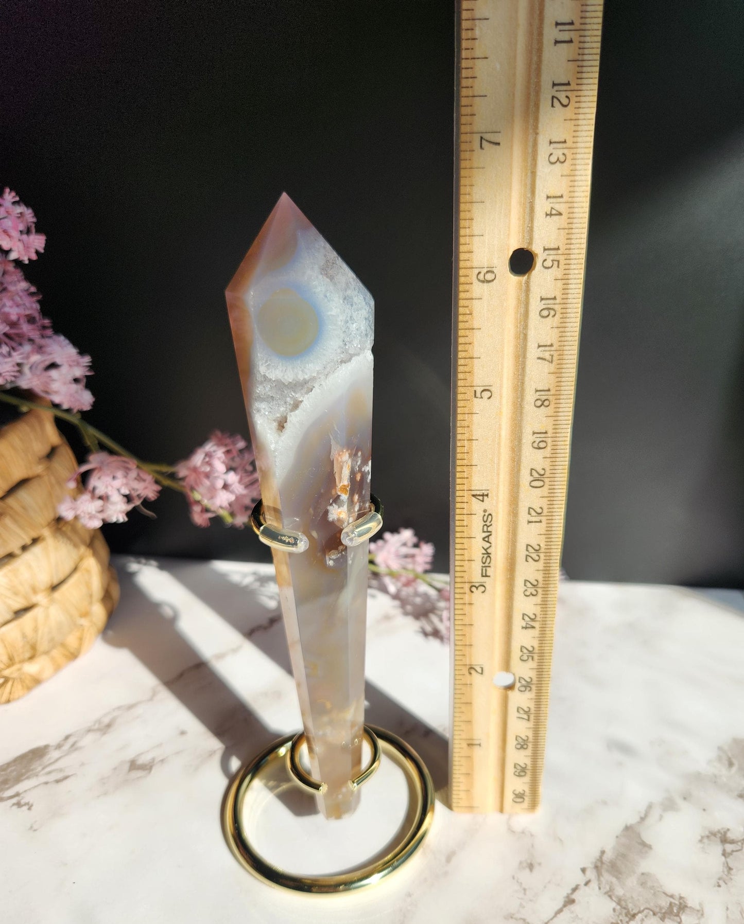 Natural black flower agate wand with stand, has sparkly druzy and black chalcedony from Madagascar